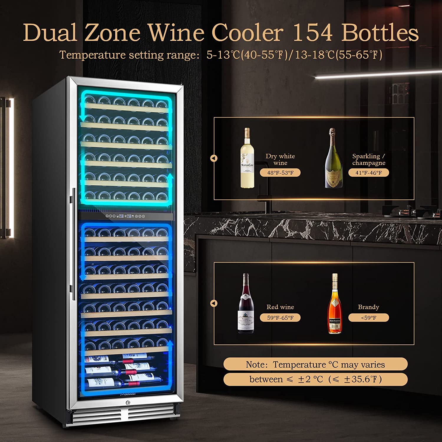 AAOBOSI 24" Free Standing 154 Bottles Wine Cooler in Stainless Steel with Wood Shelves  - YC-408B