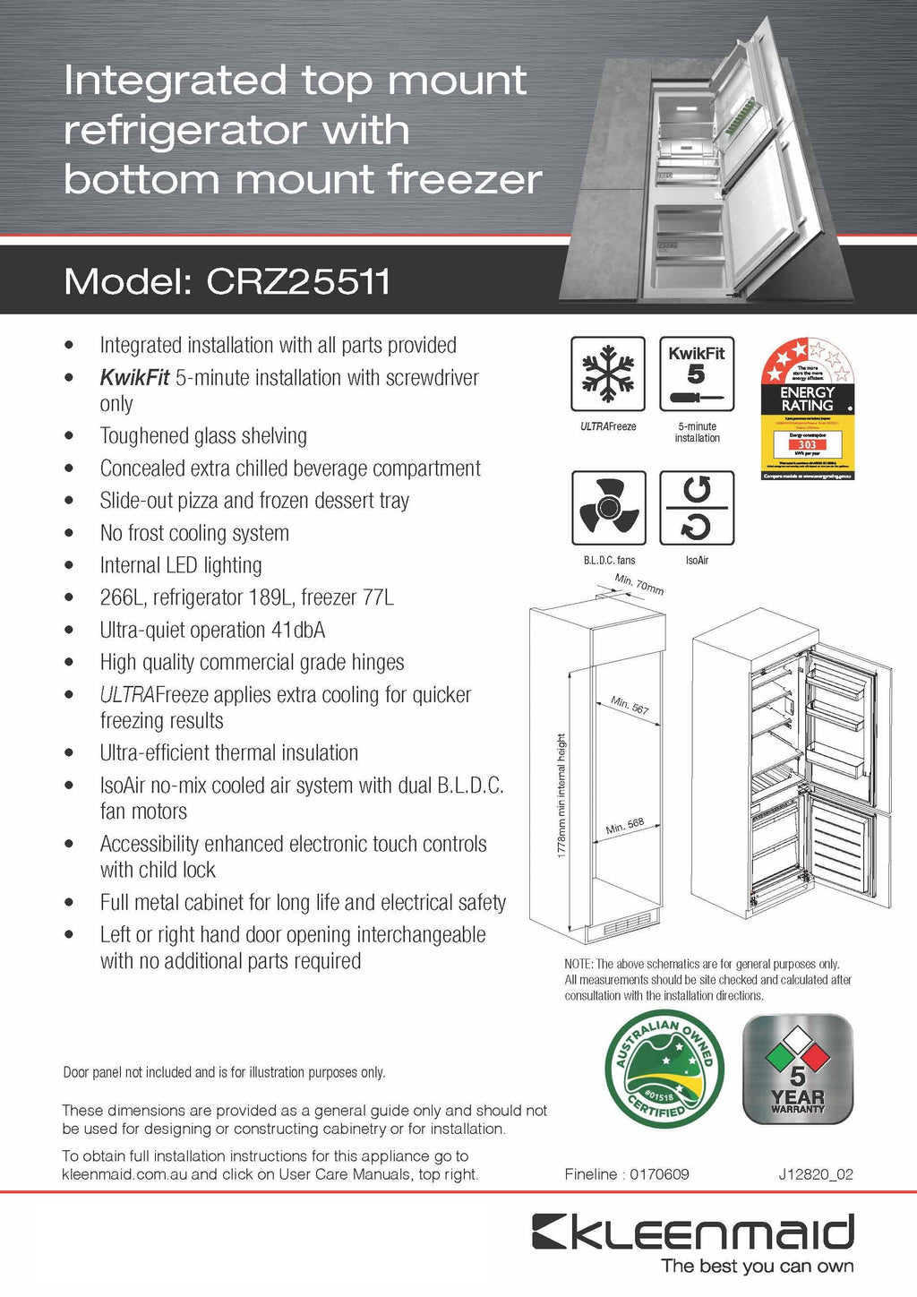 Kleenmaid Integrated Top Mount Refrigerator with Bottom Mount Freezer - CRZ25511