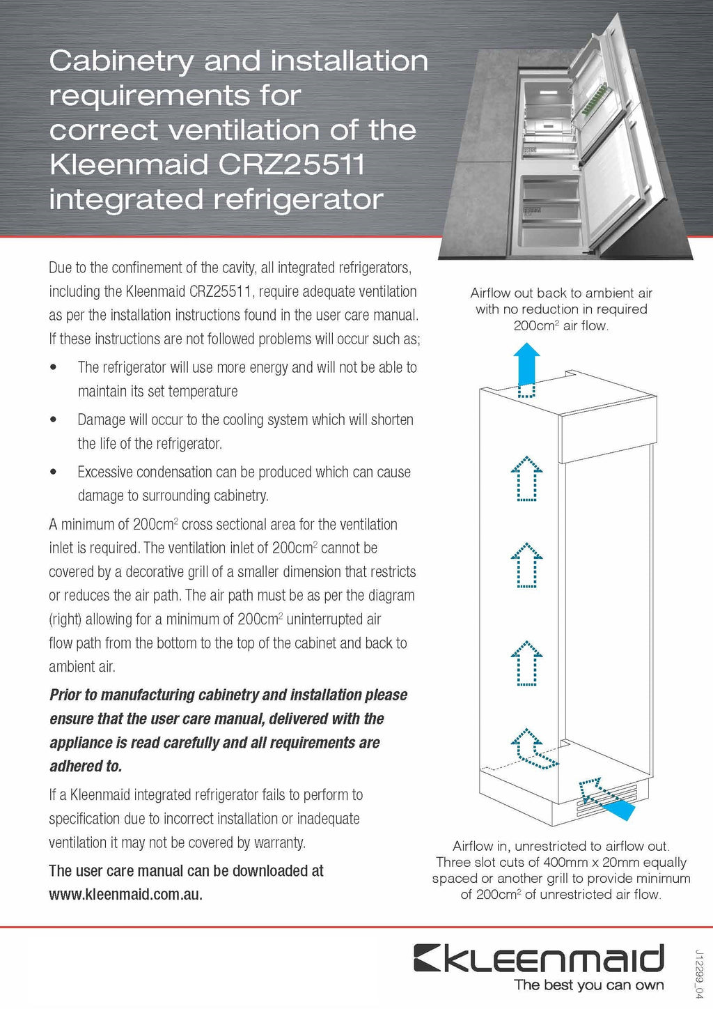 Kleenmaid Integrated Top Mount Refrigerator with Bottom Mount Freezer - CRZ25511