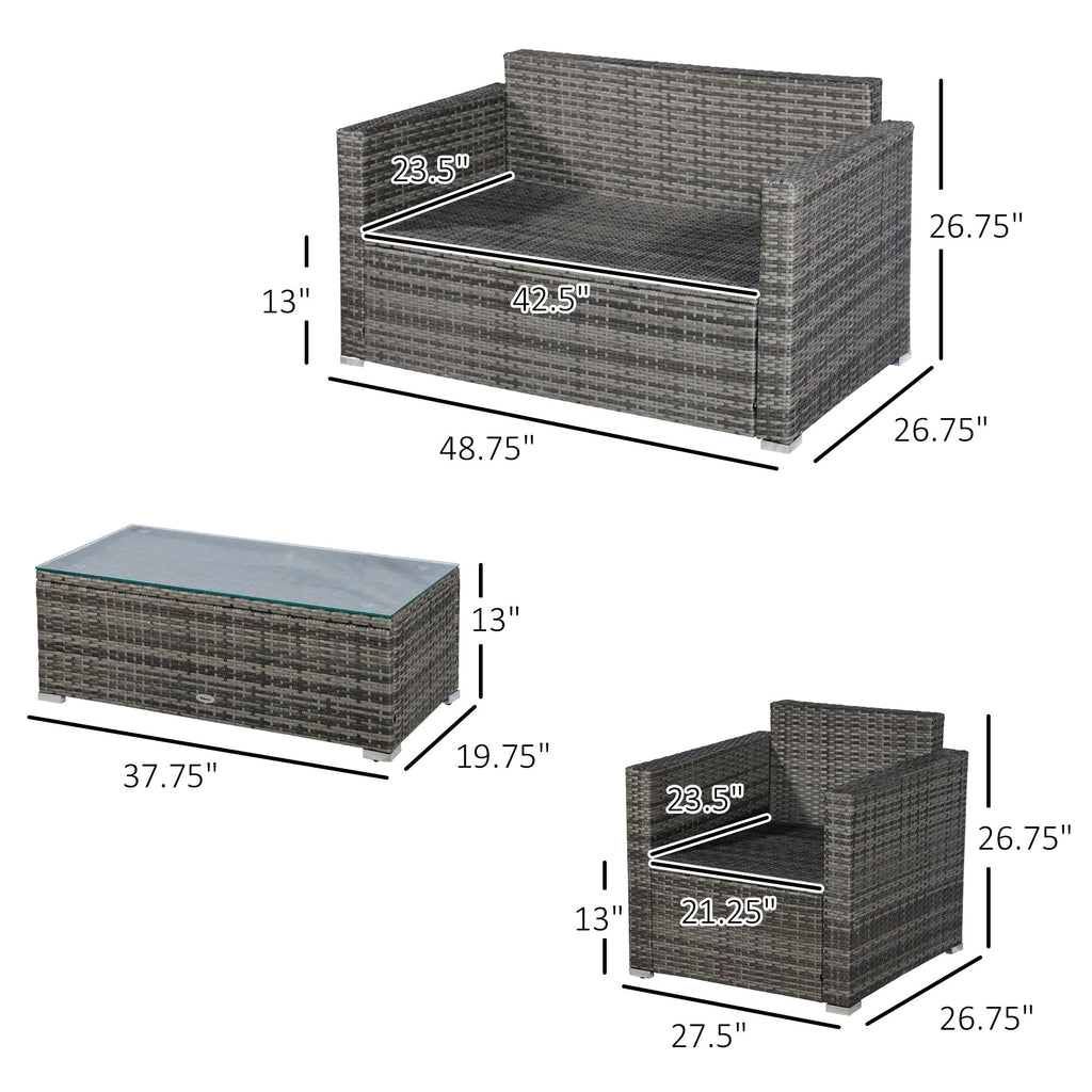 Outsunny 4-Piece Outdoor Wicker Sectional Set with Cushions & Glass Coffee Table, Black - 841-086V01MX