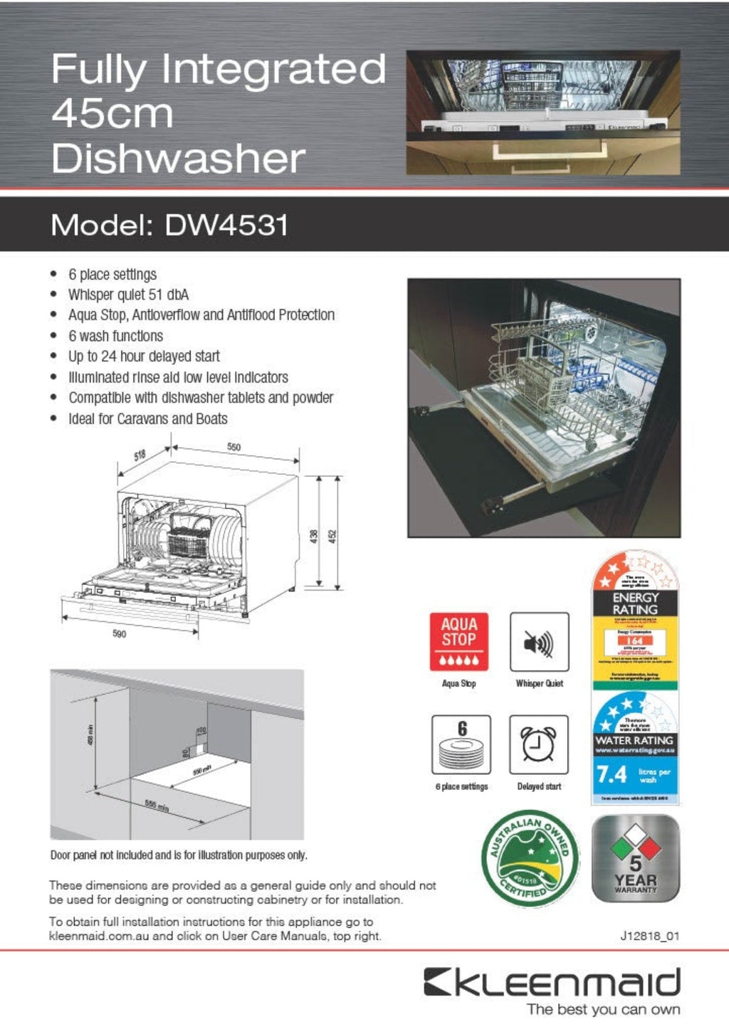 Kleenmaid 45cm Fully Integrated Compact Dishwasher - DW4531
