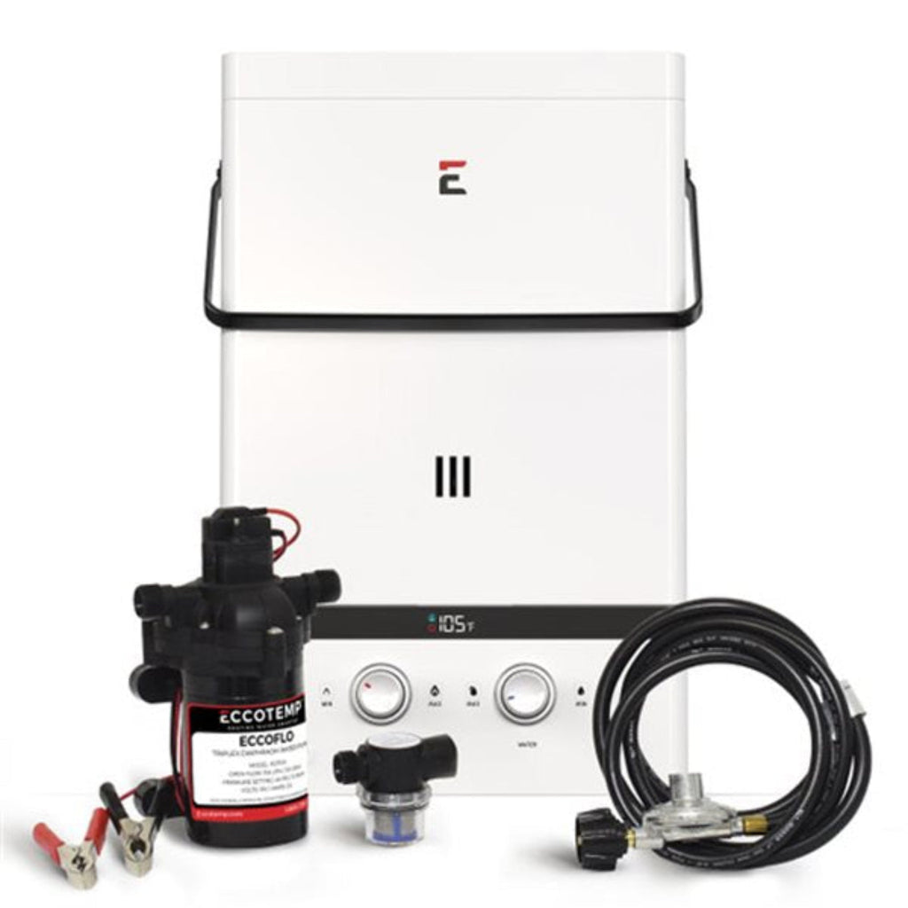 Eccotemp Luxé 3.0 GPM Portable Liquid Propane Outdoor Tankless Water Heater with EccoFlo Diaphragm 12V Pump and Strainer - EL10-PS