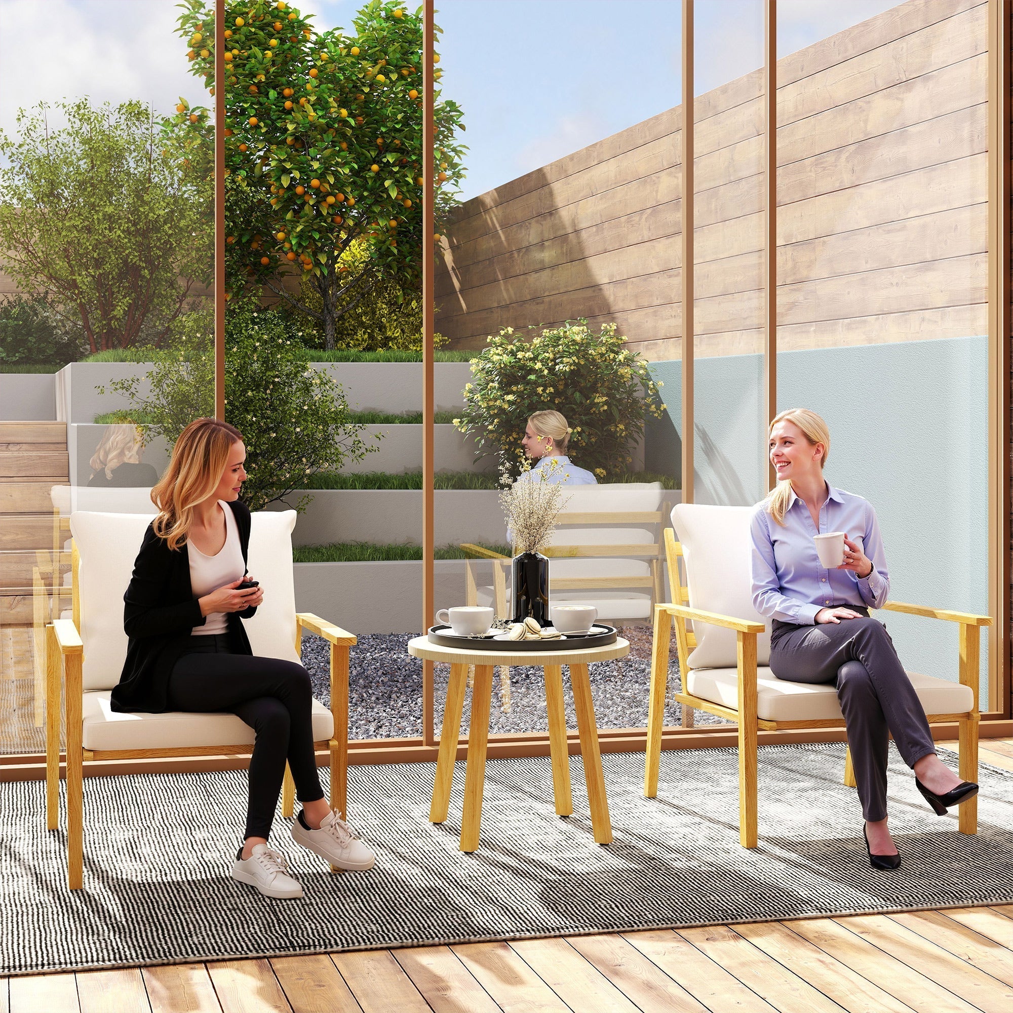 Outsunny Outdoor Conversation Set, 3-Piece Wood-Look Table & Chairs, Deep Seat with Cushions, Cream White - 84G-613V00CW
