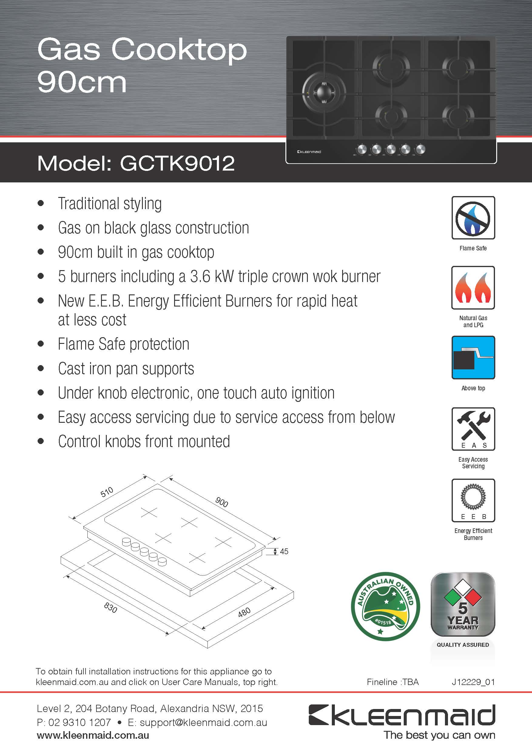 Kleenmaid 90cm Black Glass Cooktop - GCTK9012