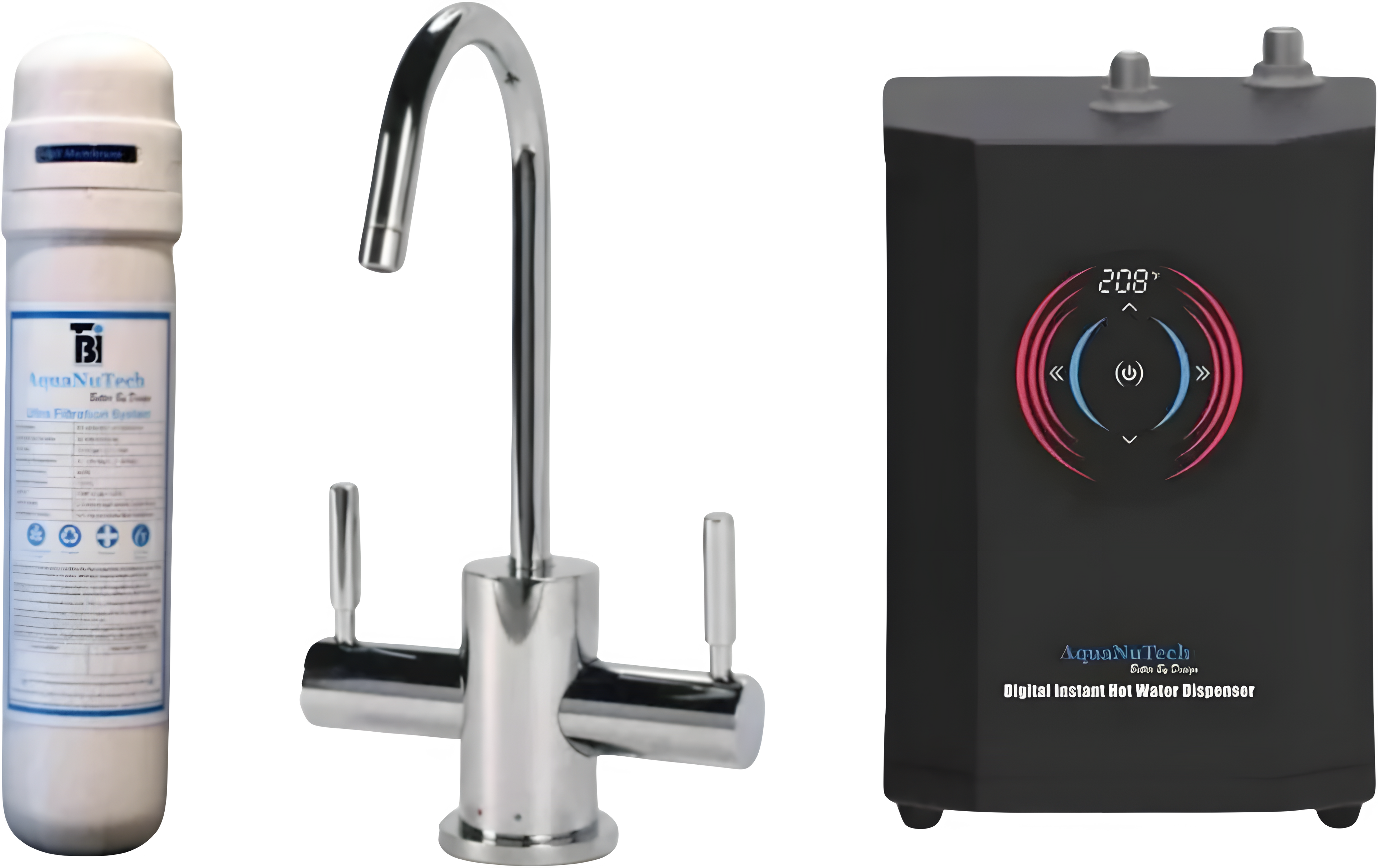 AquaNuTech Digital Instant Hot Water Dispenser with Contemporary Hot/Cold Faucet & Filtration New - HTF-HC2400-CH