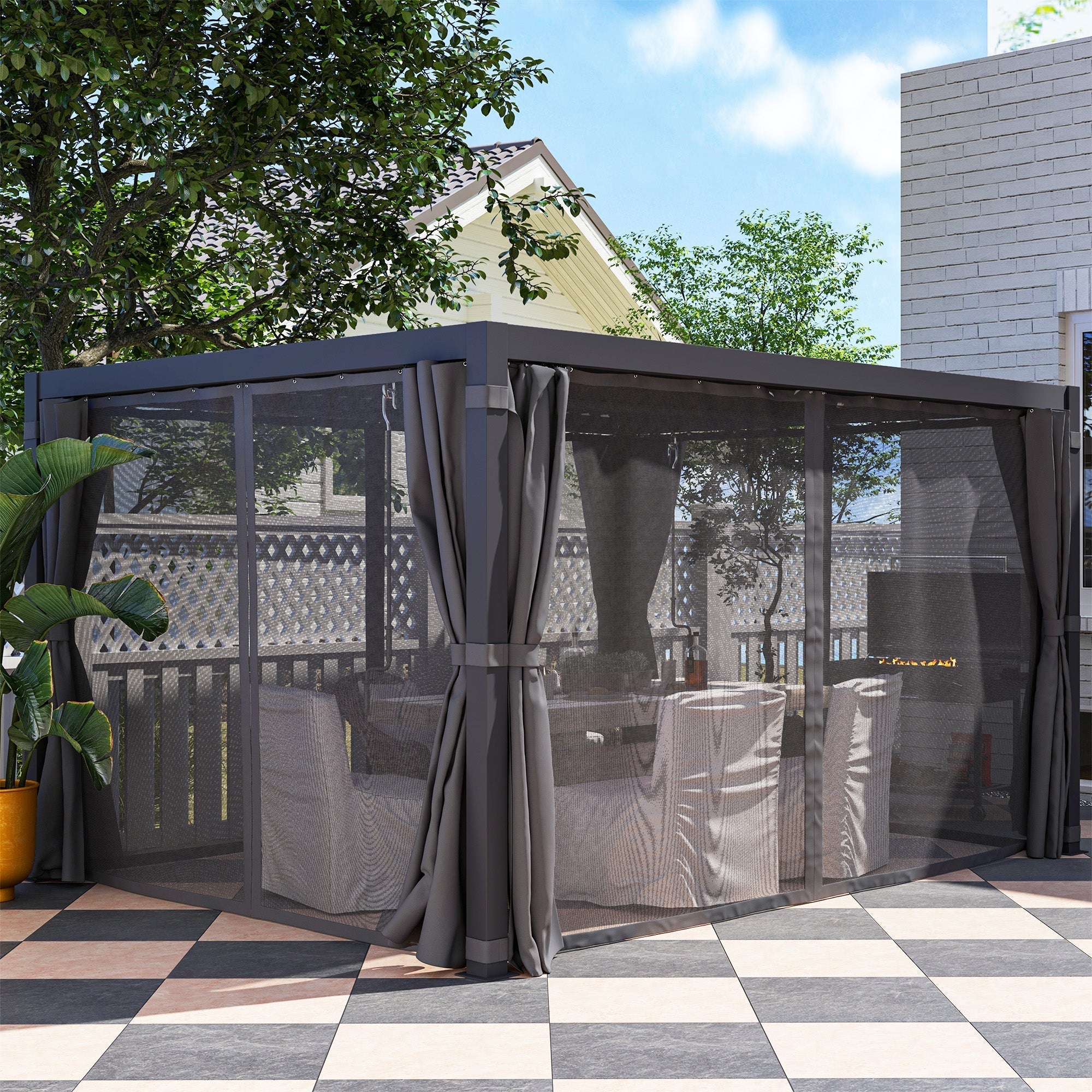 Outsunny 10' x 13' Aluminum Pergola with Adjustable Louvered Roof, Includes Curtains & Netting, Dark Gray - 84C-510V01CG