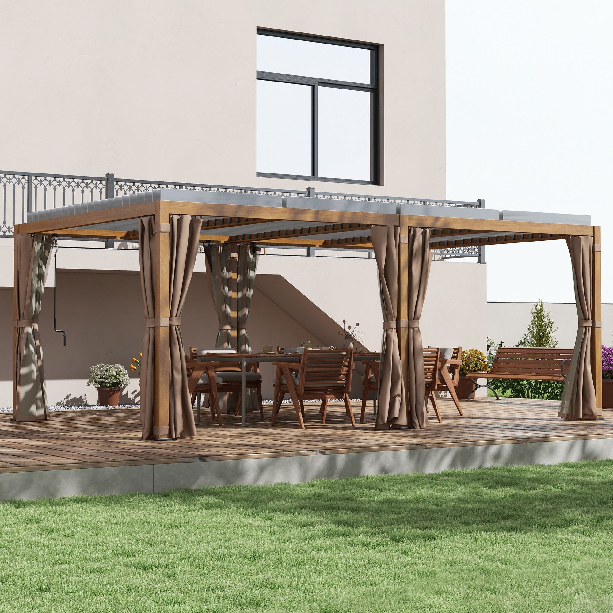 Outsunny 12' x 19' Aluminum Outdoor Pergola with Adjustable Louvered, Curtains & Netting, Natural - 84C-509V00ND