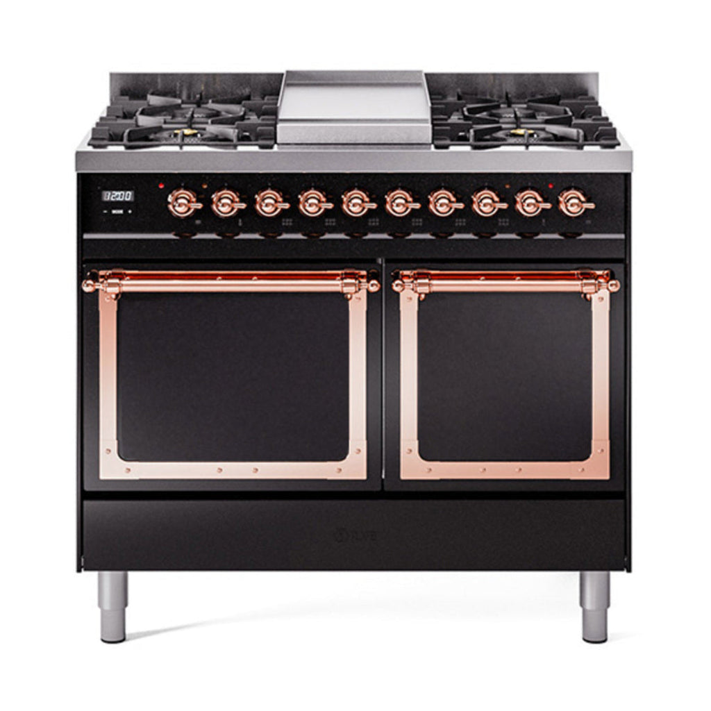 GREE ILVE 40 Inch Nostalgie II Noblesse Freestanding Dual Fuel Range with 6 Sealed Burners, Griddle, Solid Door with Copper Trim - UND40FQNMPBUP