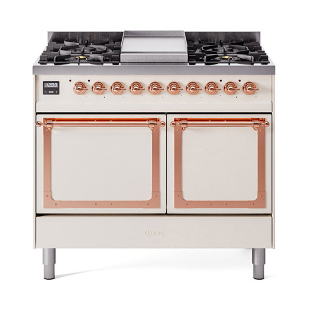 GREE ILVE 40 Inch Nostalgie II Noblesse Freestanding Dual Fuel Range with 6 Sealed Burners, Griddle, Solid Door with Copper Trim - UND40FQNMPBUP