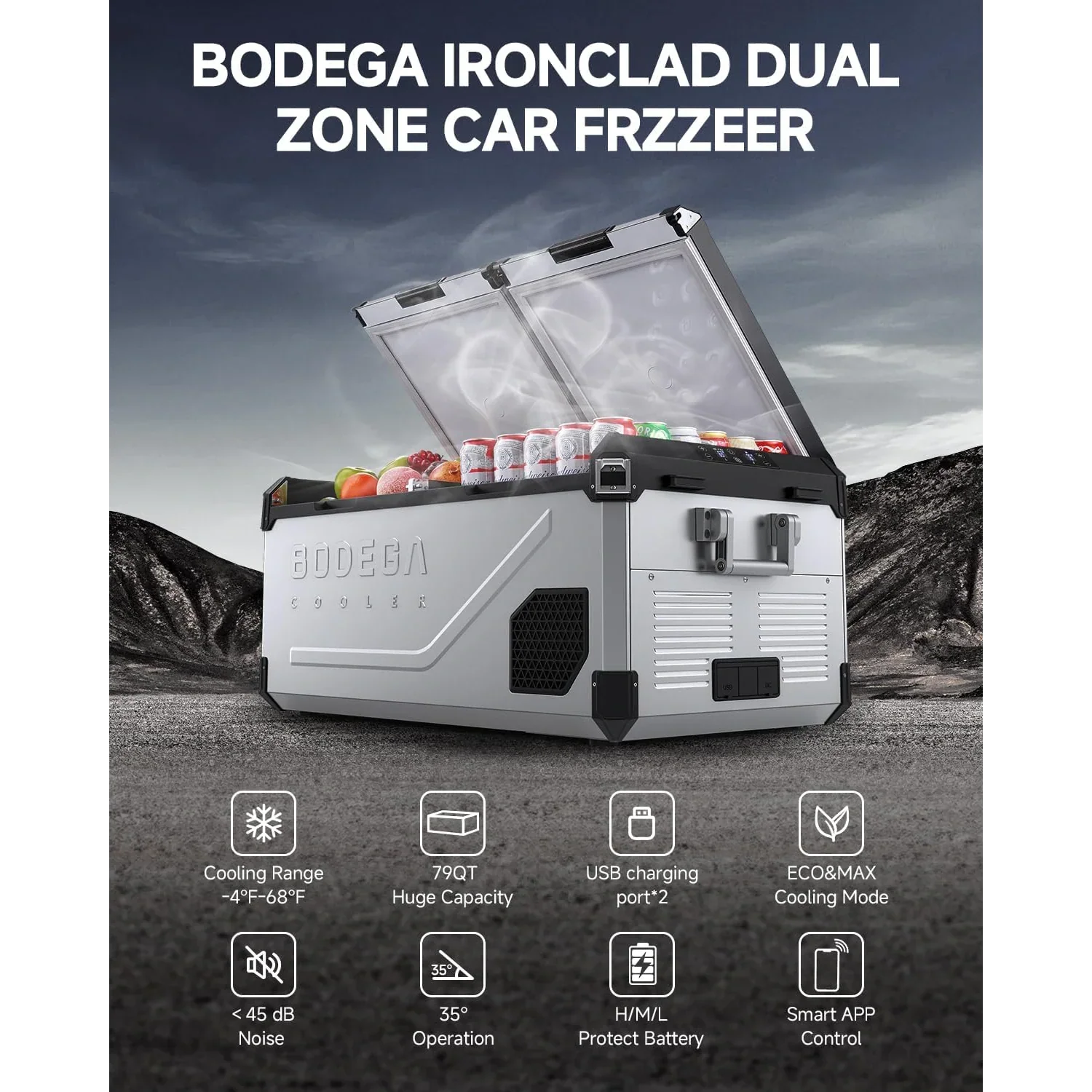 BODEGACOOLER 12 Volt Refrigerator 79QT/75L Hard Insulated Dual Zone