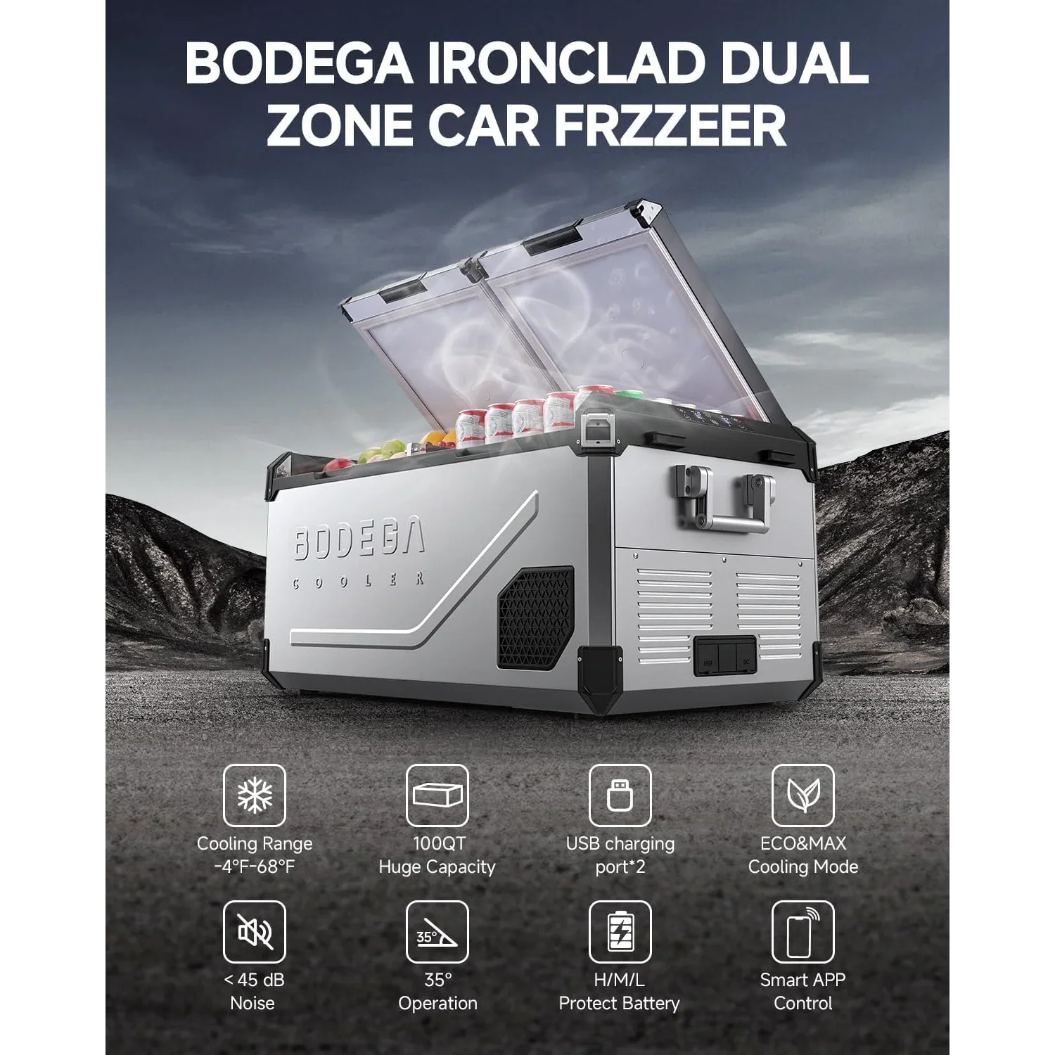 BODEGACOOLER 12 Volt Refrigerator 100QT/95L Hard Insulated Dual Zone