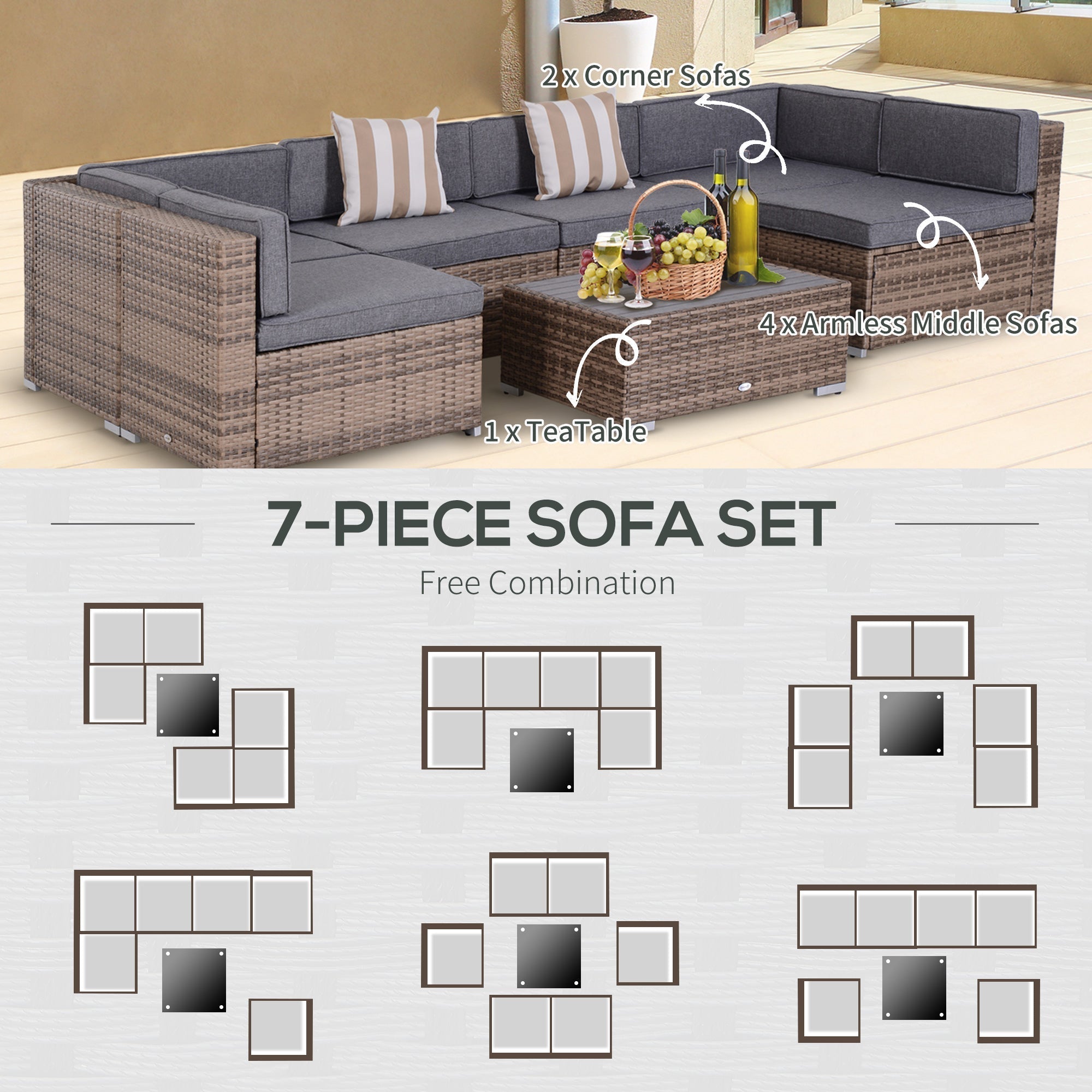 Outsunny 7-Piece Outdoor Rattan Conversation Set with Cushions and Tea Table, Gray - 860-020V03