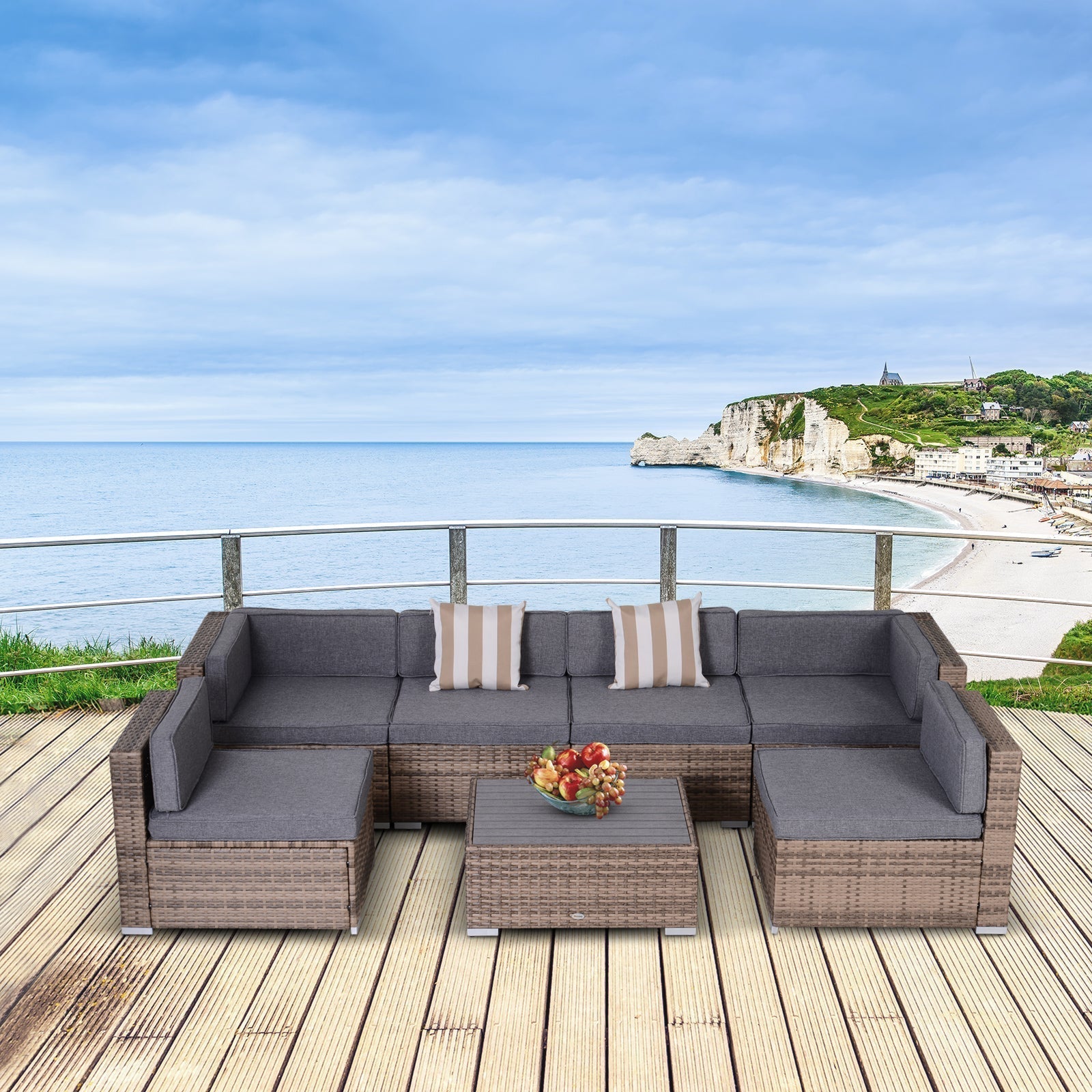 Outsunny 7-Piece Outdoor Rattan Conversation Set with Cushions and Tea Table, Gray - 860-020V03