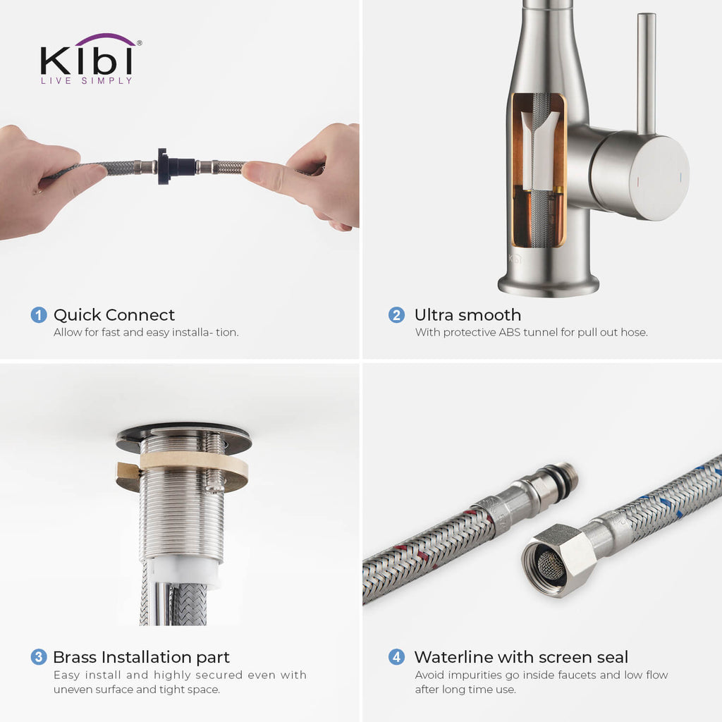 KIBI Napa Single Handle High Arc Pull Down Kitchen Faucet With Soap Dispenser in Brushed Nickel Finish - C-KKF2005BN-KSD100BN