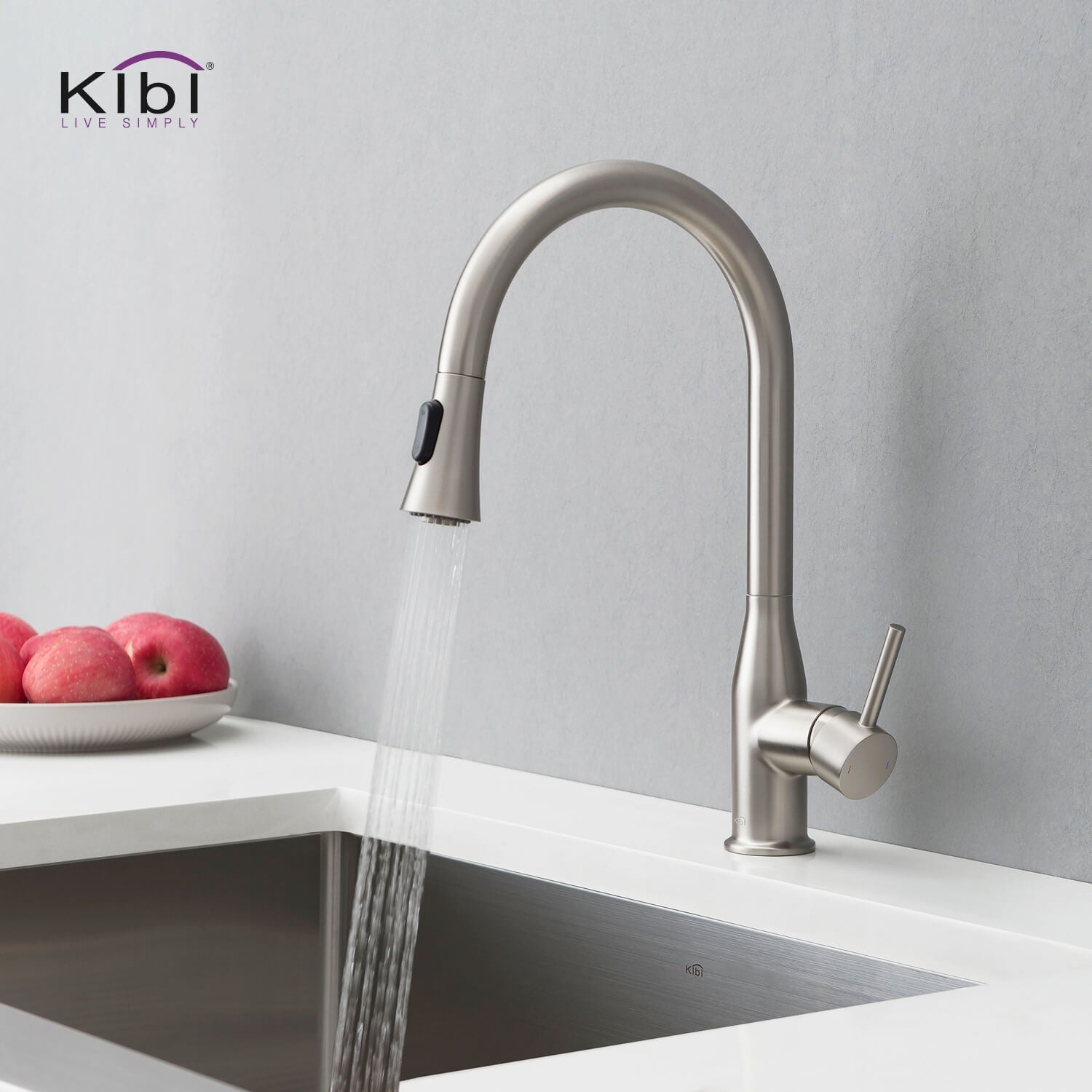 KIBI Napa Single Handle High Arc Pull Down Kitchen Faucet With Soap Dispenser in Brushed Nickel Finish - C-KKF2005BN-KSD100BN
