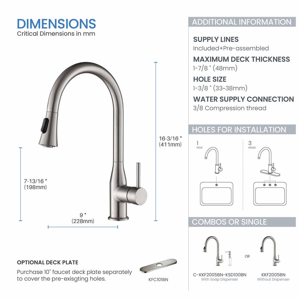 KIBI Napa Single Handle High Arc Pull Down Kitchen Faucet With Soap Dispenser in Brushed Nickel Finish - C-KKF2005BN-KSD100BN