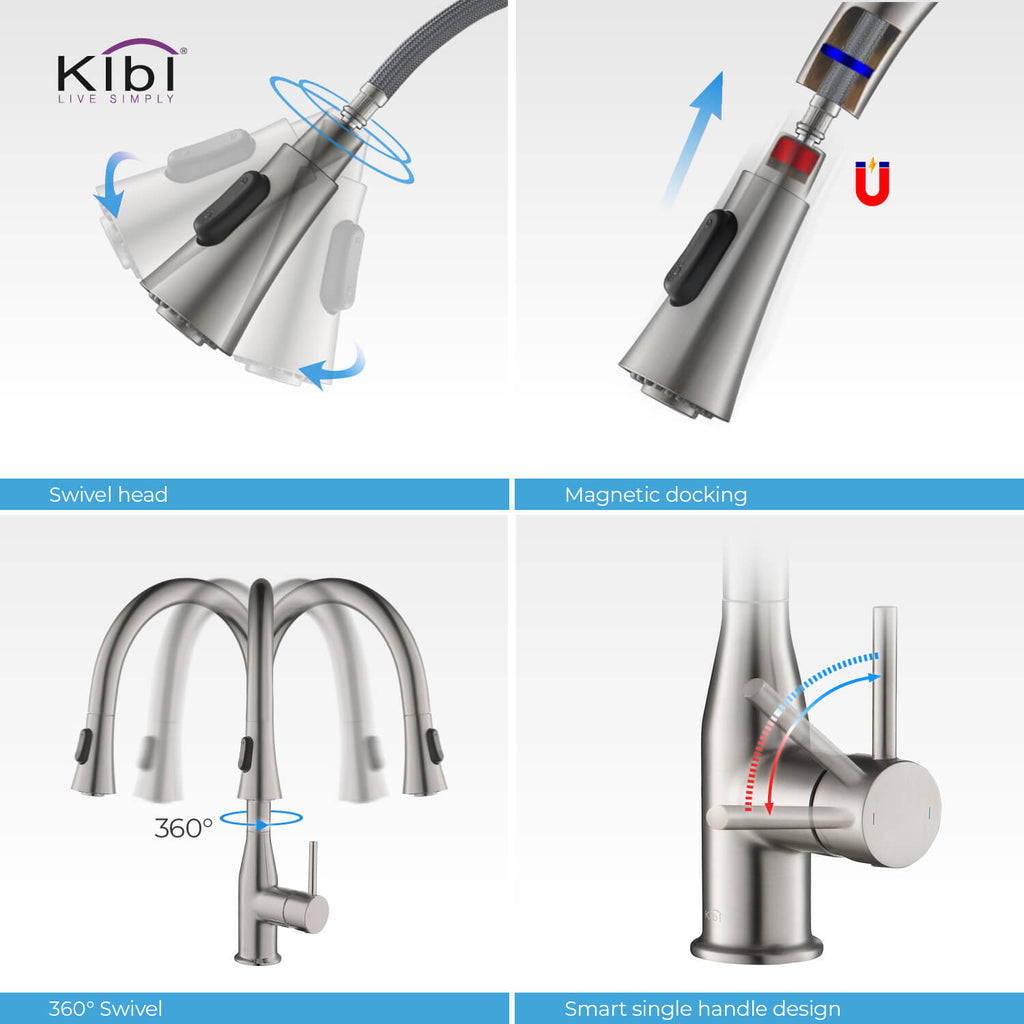 KIBI Napa Single Handle High Arc Pull Down Kitchen Faucet With Soap Dispenser in Brushed Nickel Finish - C-KKF2005BN-KSD100BN