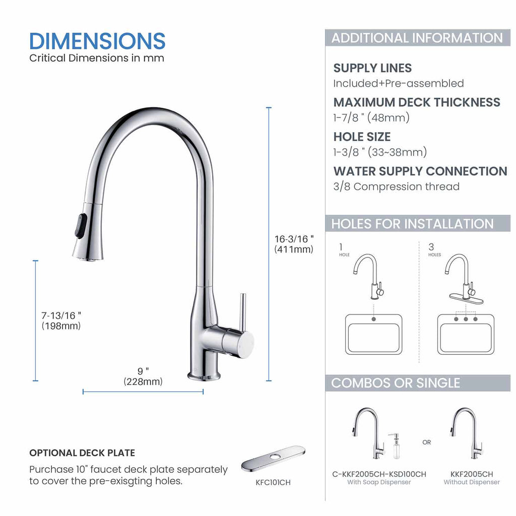 KIBI Napa Single Handle High Arc Pull Down Kitchen Faucet With Soap Dispenser in Chrome Finish - C-KKF2005CH-KSD100CH