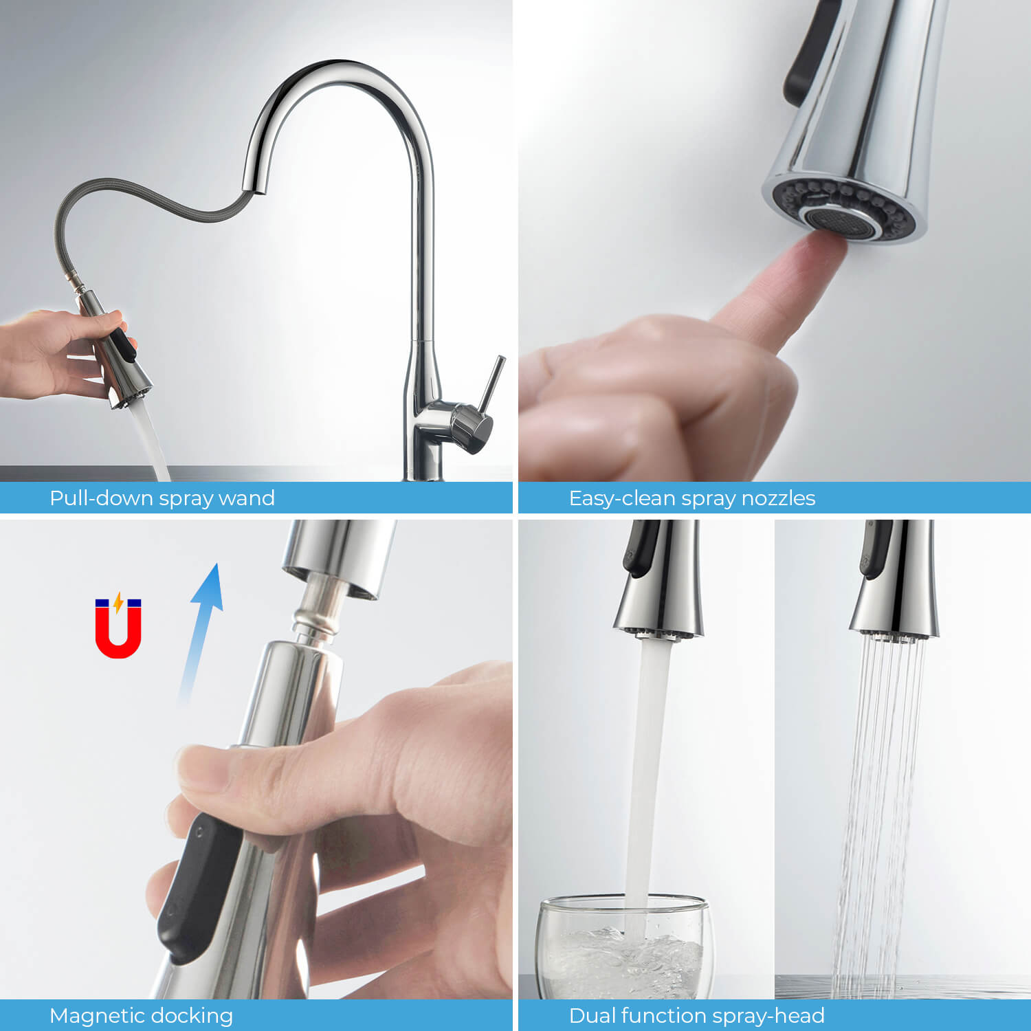 KIBI Napa Single Handle High Arc Pull Down Kitchen Faucet With Soap Dispenser in Chrome Finish - C-KKF2005CH-KSD100CH