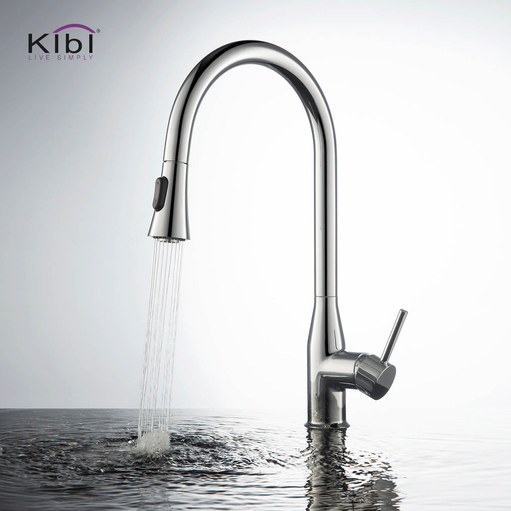 KIBI Napa Single Handle High Arc Pull Down Kitchen Faucet With Soap Dispenser in Chrome Finish - C-KKF2005CH-KSD100CH