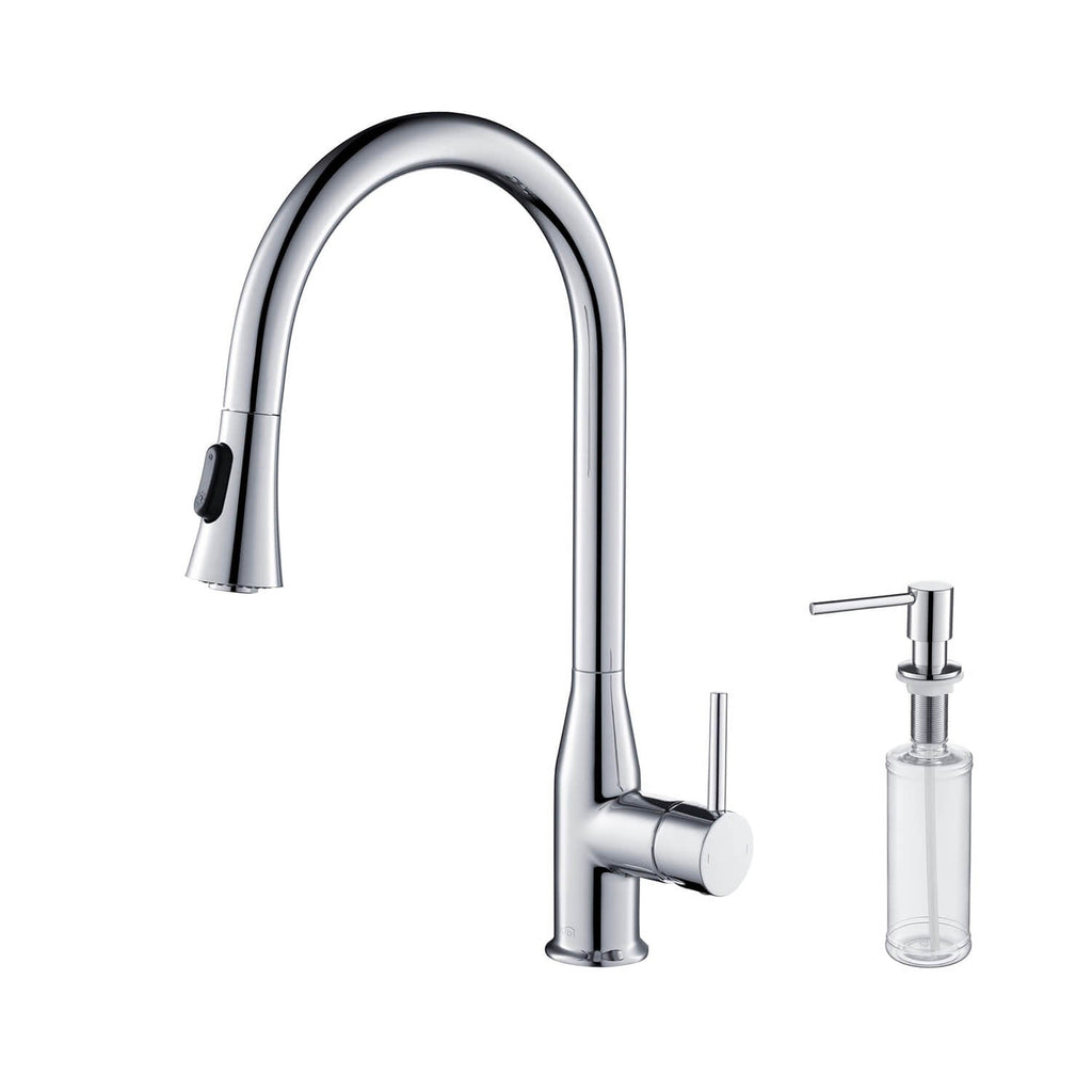 KIBI Napa Single Handle High Arc Pull Down Kitchen Faucet With Soap Dispenser in Chrome Finish - C-KKF2005CH-KSD100CH