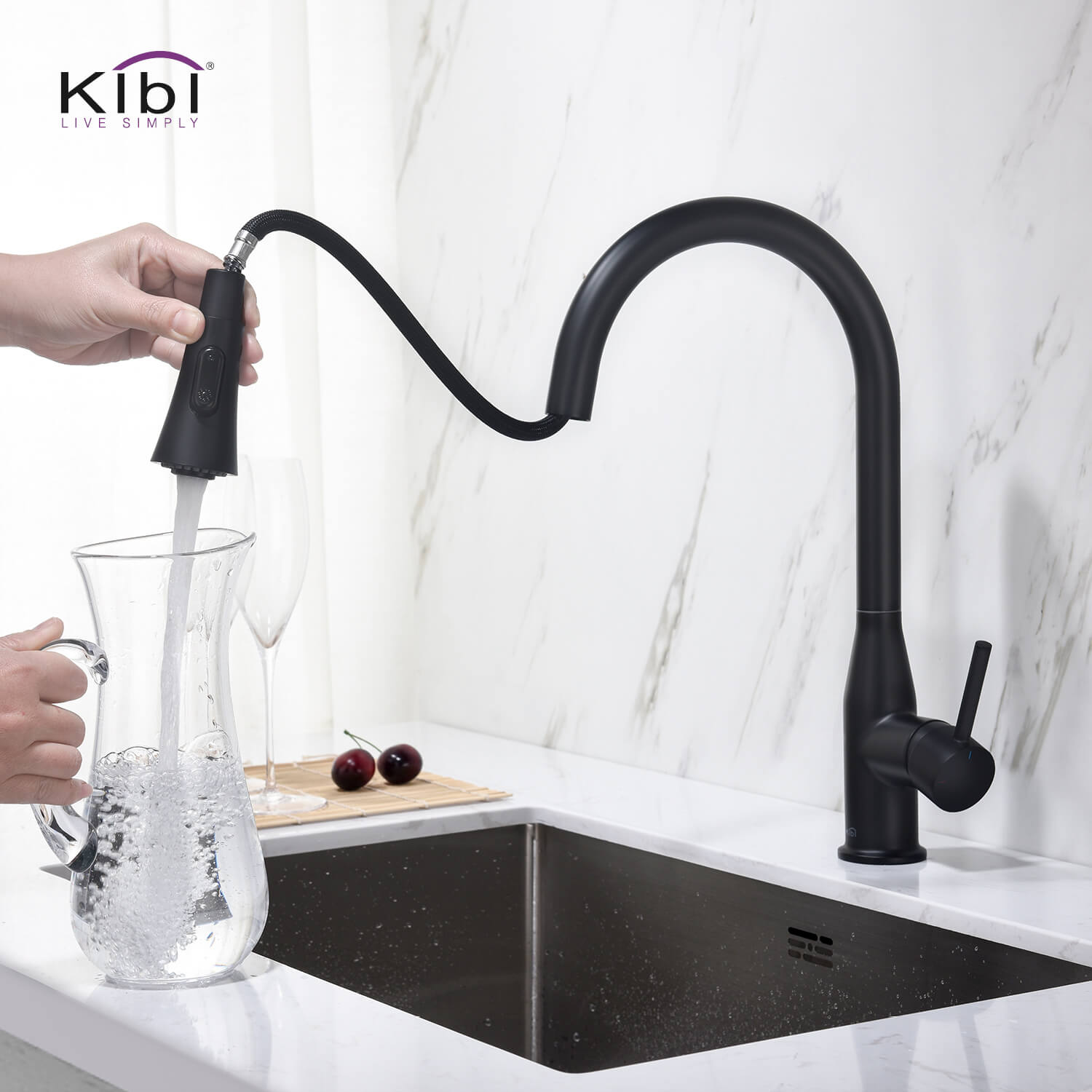KIBI Napa Single Handle High Arc Pull Down Kitchen Faucet With Soap Dispenser in Matte Black Finish - C-KKF2005MB-KSD100MB