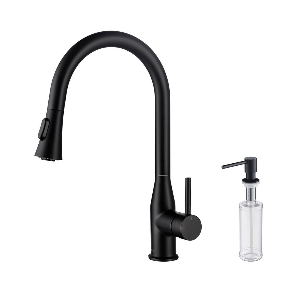 KIBI Napa Single Handle High Arc Pull Down Kitchen Faucet With Soap Dispenser in Matte Black Finish - C-KKF2005MB-KSD100MB