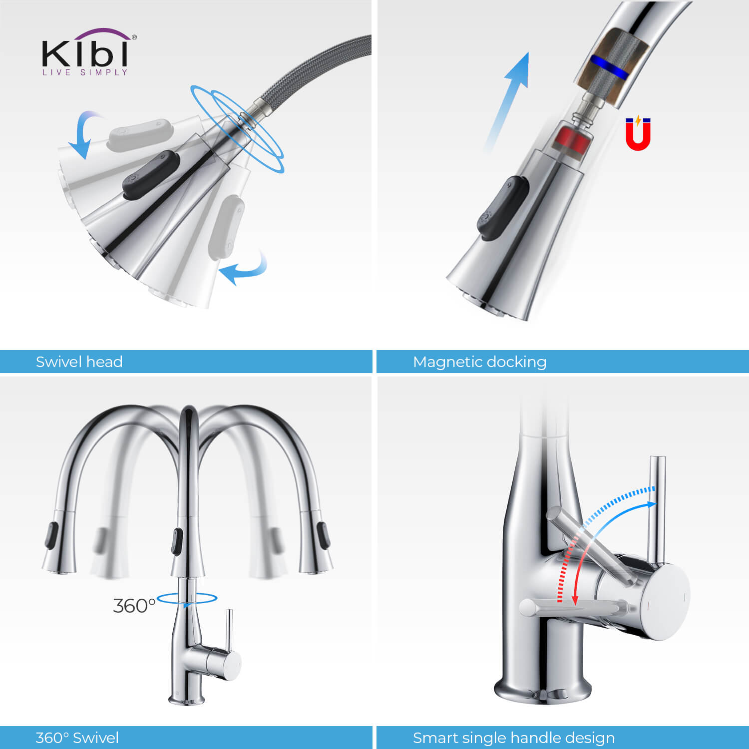 KIBI Napa Single Handle High Arc Pull Down Kitchen Faucet in Chrome Finish - KKF2005CH