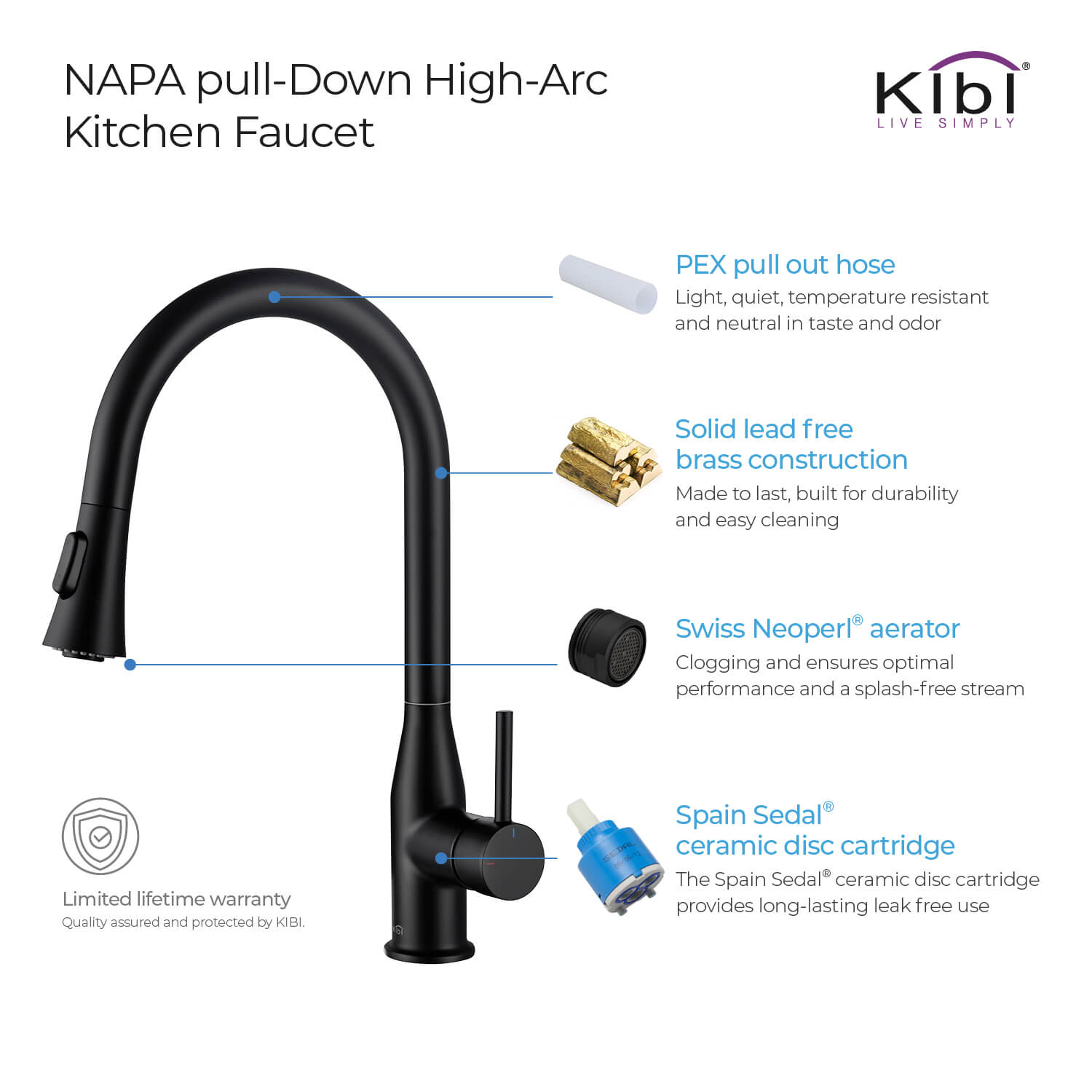KIBI Napa Single Handle High Arc Pull Down Kitchen Faucet in Matte Black Finish - KKF2005MB