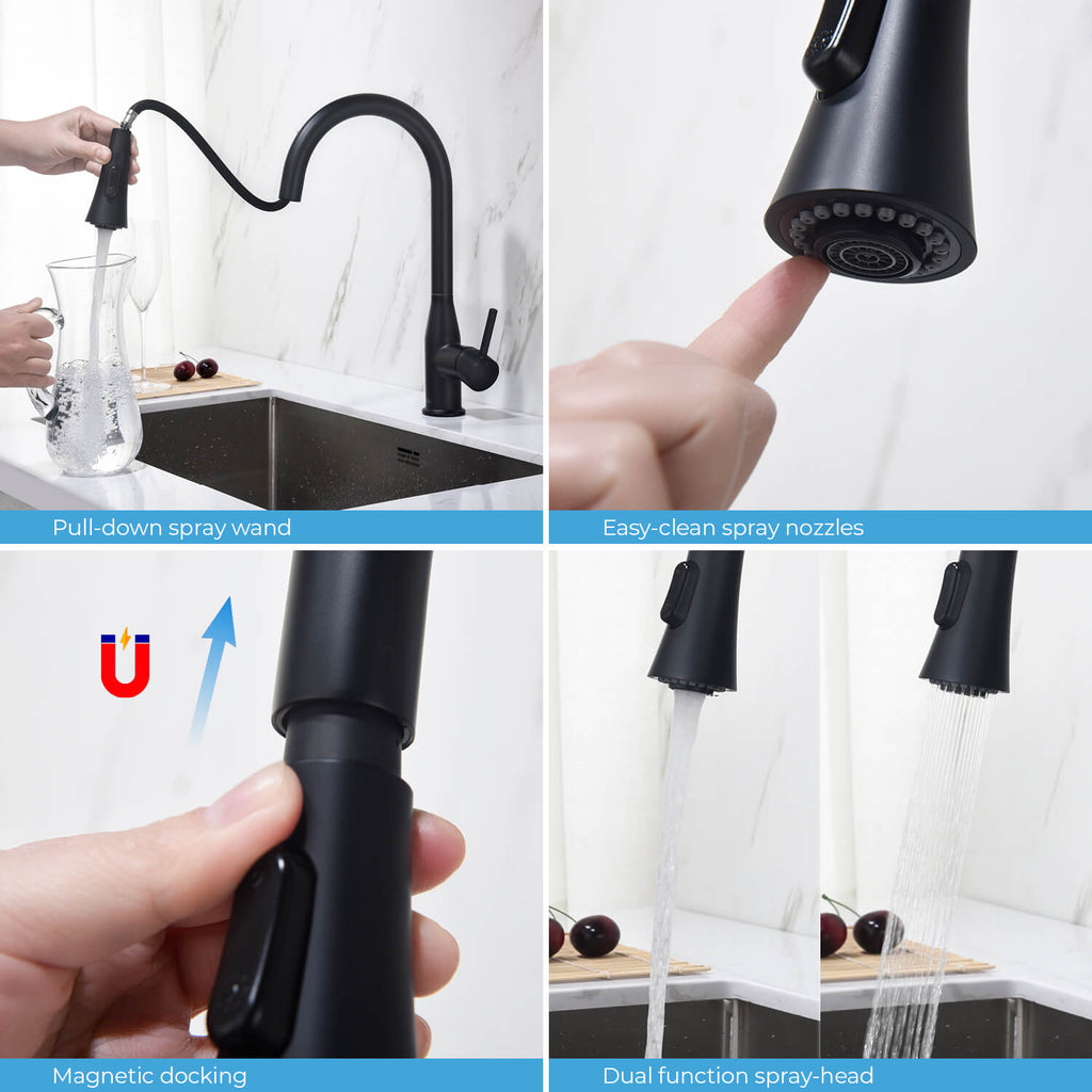 KIBI Napa Single Handle High Arc Pull Down Kitchen Faucet in Matte Black Finish - KKF2005MB