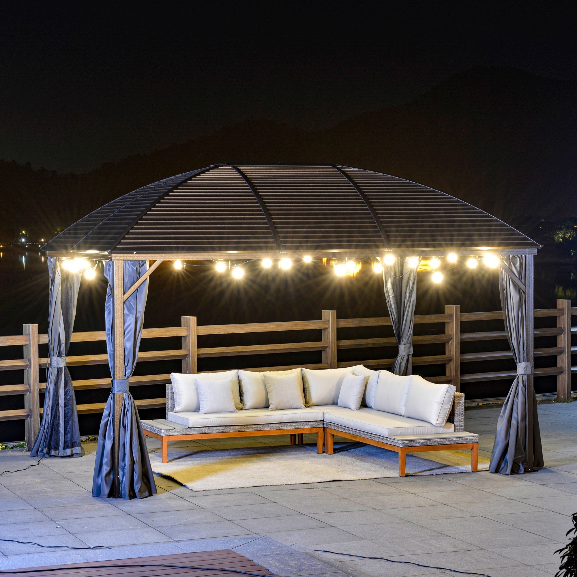 Outsunny 10' x 13' Hardtop Gazebo with Curtains, Netting, Steel Roof, Ceiling Hook, Gray - 84C-097CG