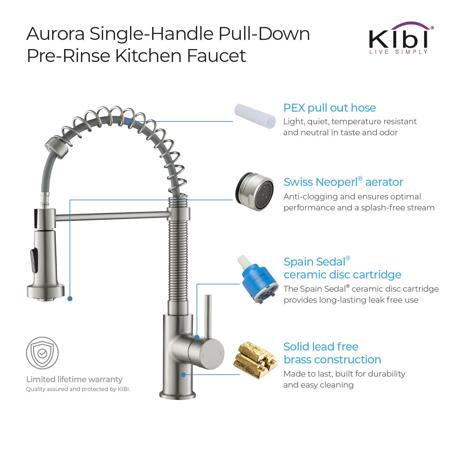 Kibi Aurora Single Handle High Arc Pull Down Kitchen Faucet In Brushed Nickel Finish - KKF2003BN