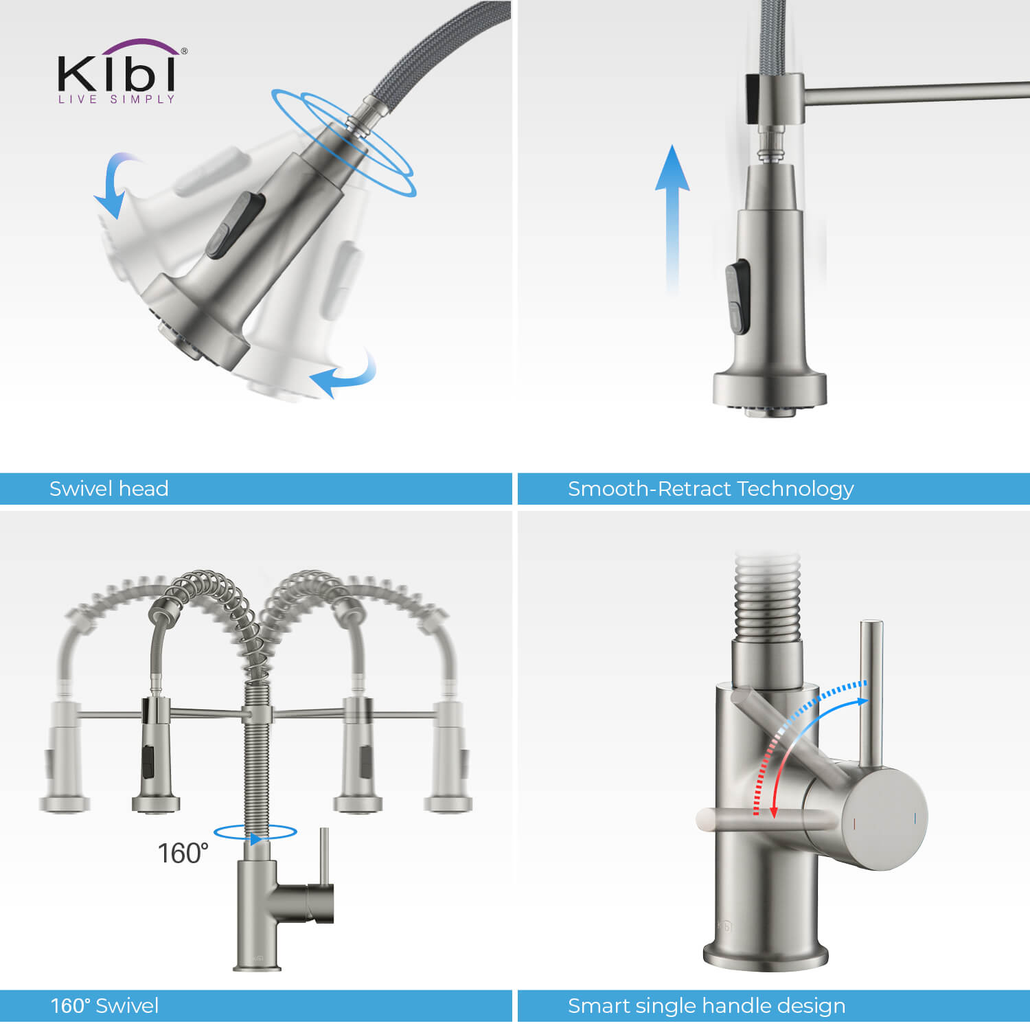 Kibi Aurora Single Handle High Arc Pull Down Kitchen Faucet In Brushed Nickel Finish - KKF2003BN