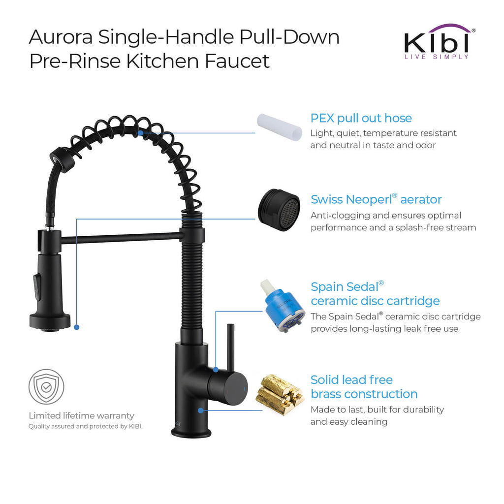 Kibi Aurora Single Handle High Arc Pull Down Kitchen Faucet In Matte Black Finish - KKF2003MB