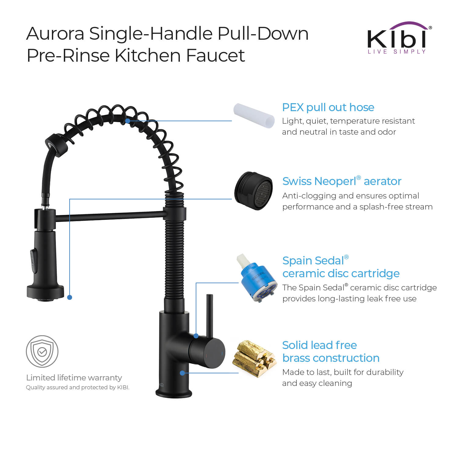 Kibi Aurora Single Handle High Arc Pull Down Kitchen Faucet In Matte Black Finish - KKF2003MB
