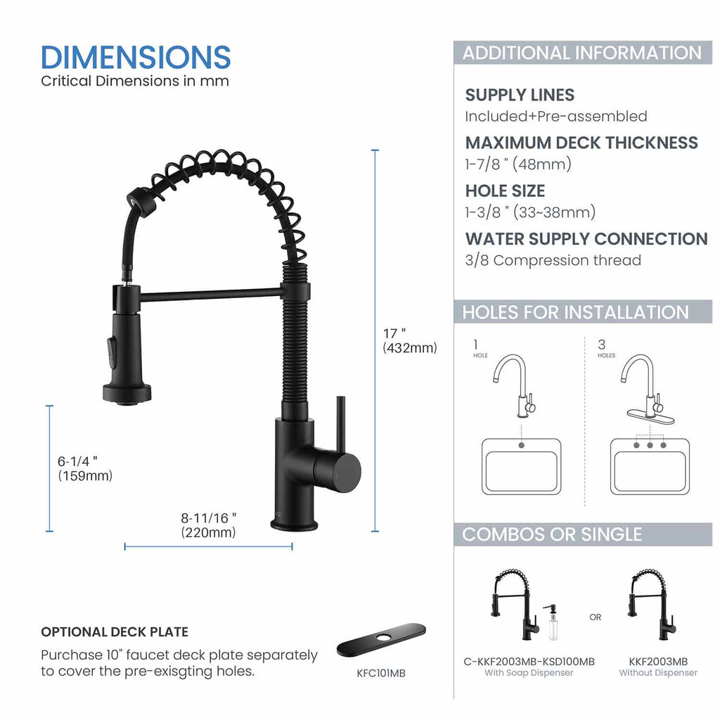 Kibi Aurora Single Handle High Arc Pull Down Kitchen Faucet In Matte Black Finish - KKF2003MB