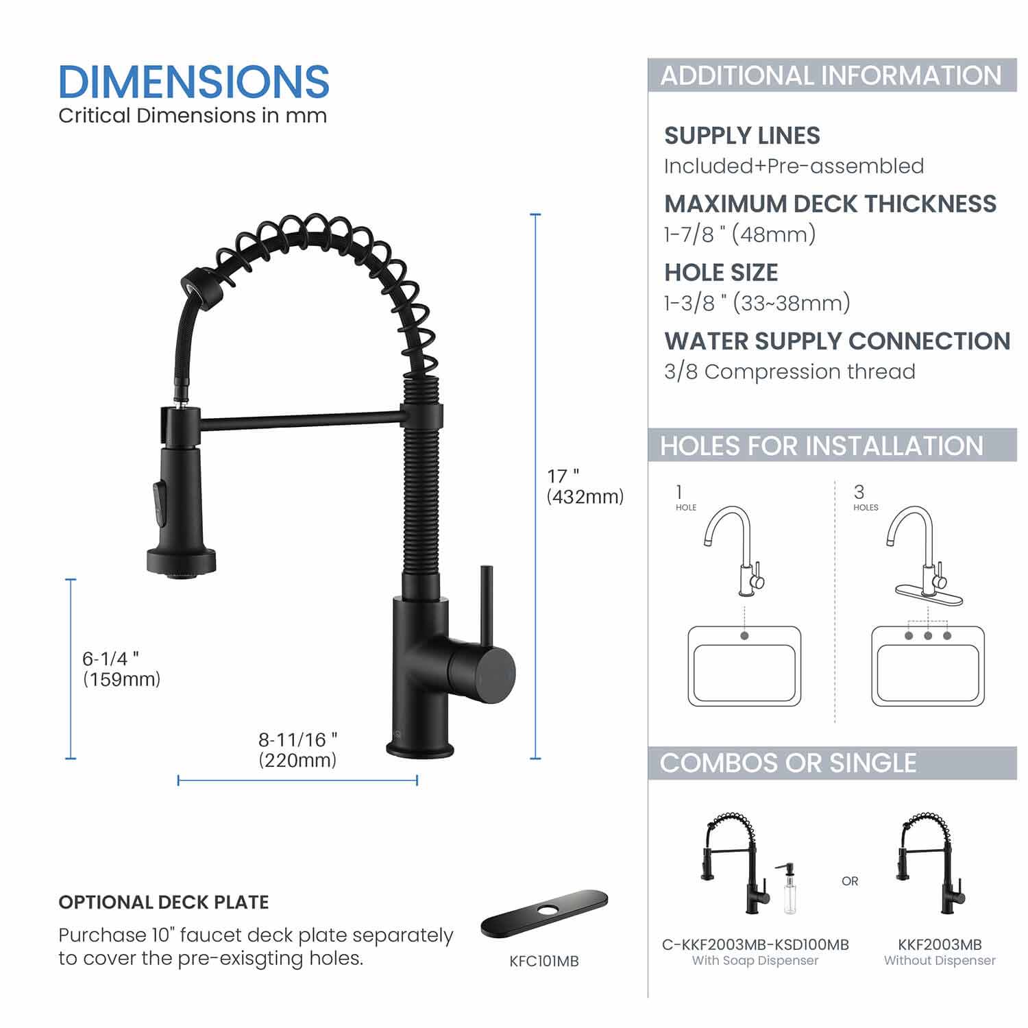 Kibi Aurora Single Handle High Arc Pull Down Kitchen Faucet In Matte Black Finish - KKF2003MB