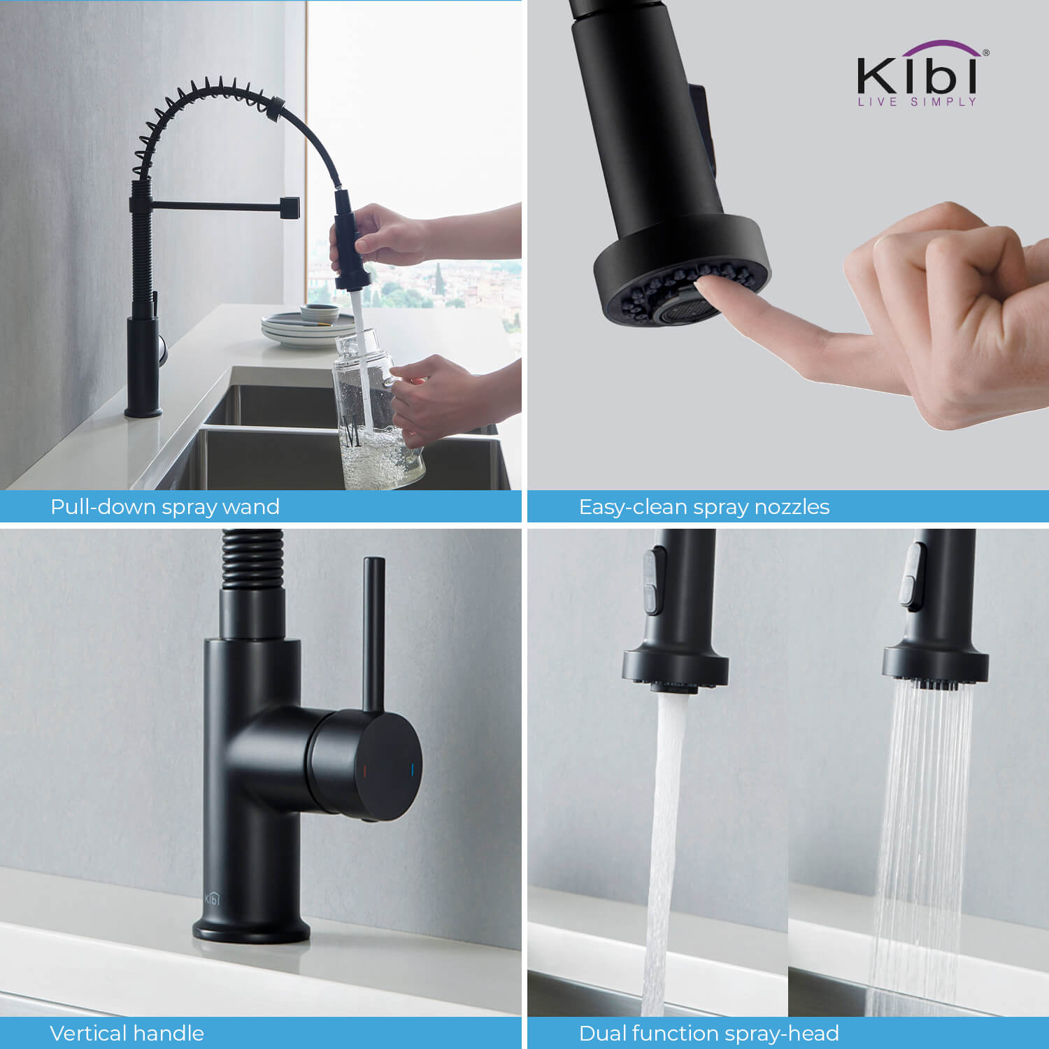 Kibi Aurora Single Handle High Arc Pull Down Kitchen Faucet In Matte Black Finish - KKF2003MB