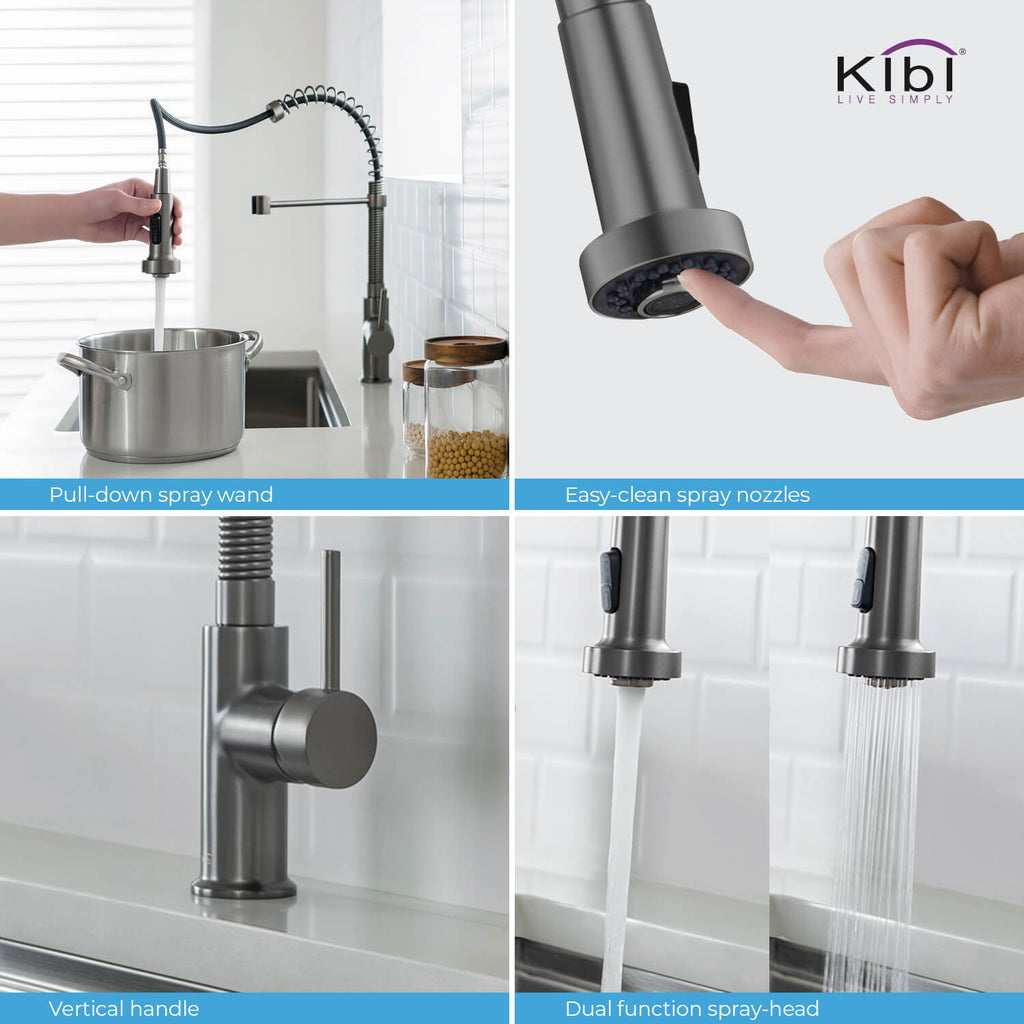 Kibi Aurora Single Handle High Arc Pull Down Kitchen Faucet In Titanium Finish - KKF2003TT