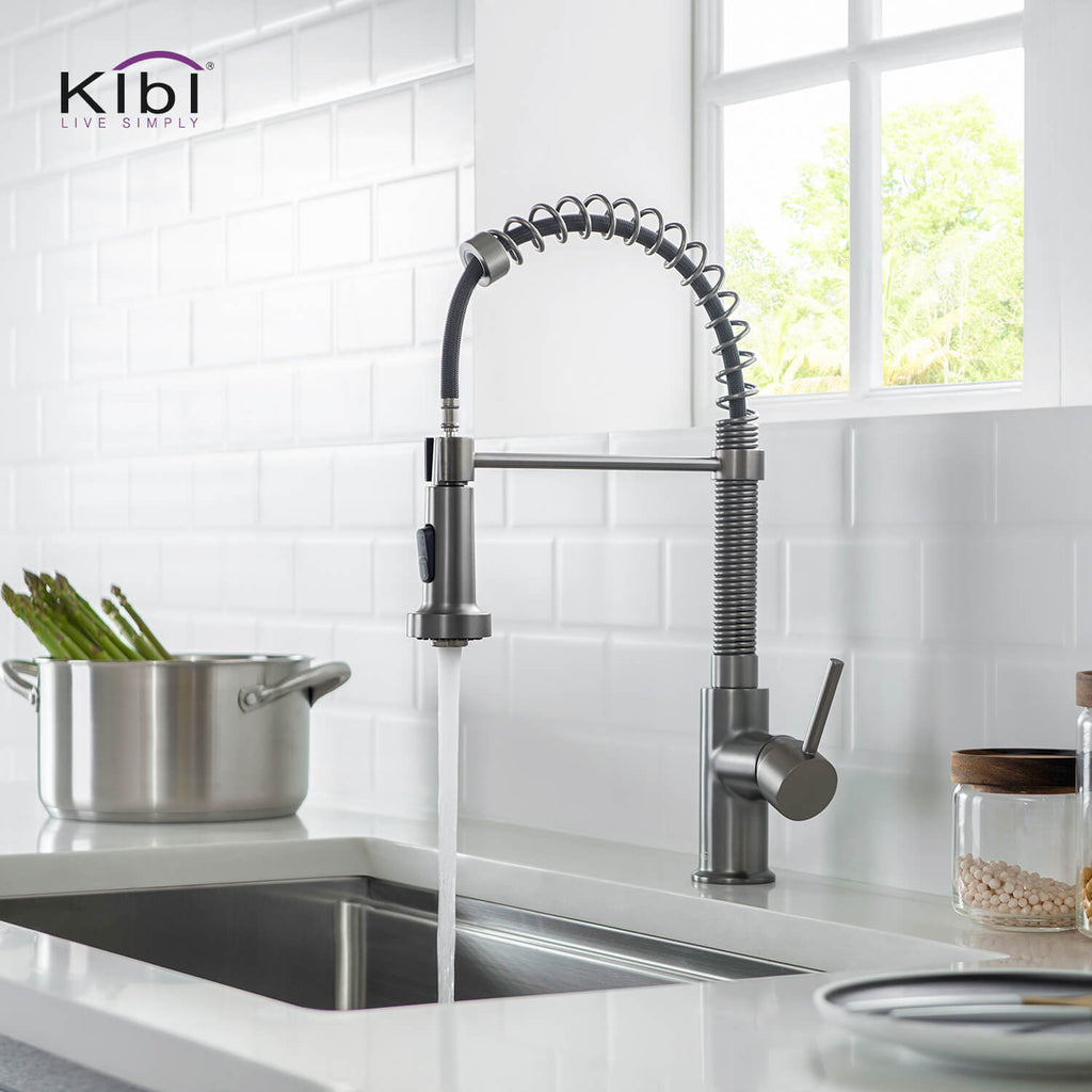 Kibi Aurora Single Handle High Arc Pull Down Kitchen Faucet In Titanium Finish - KKF2003TT