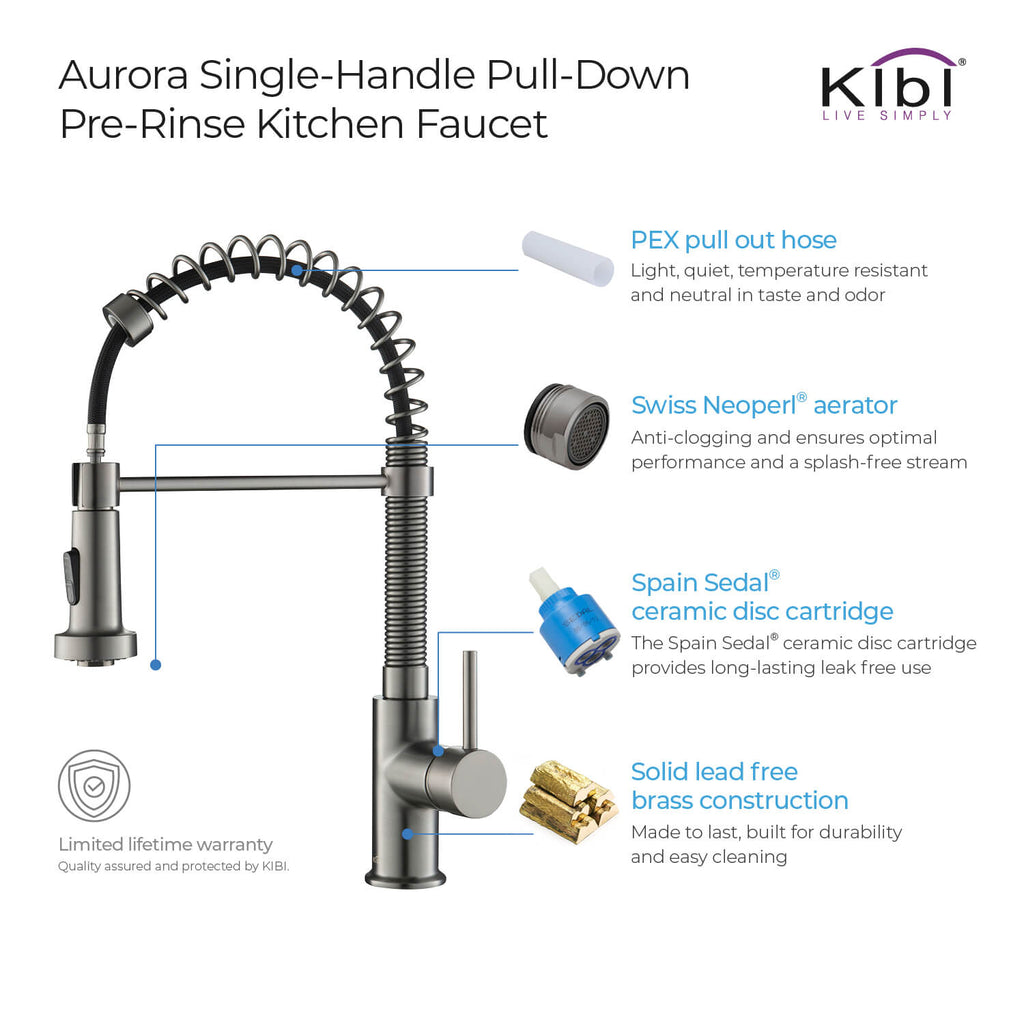 Kibi Aurora Single Handle High Arc Pull Down Kitchen Faucet In Titanium Finish - KKF2003TT