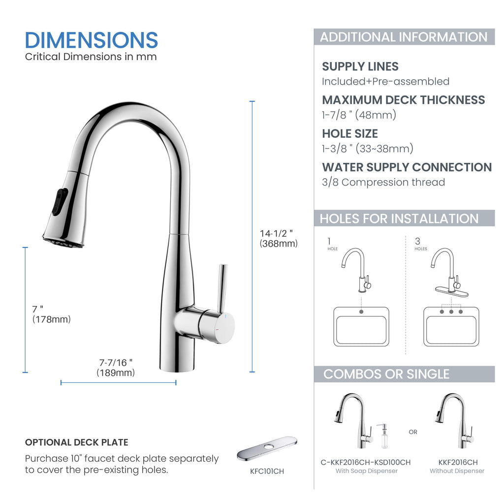 Kibi Bari Single Handle Pull Down Kitchen Bar Sink Faucet With Soap Dispenser in Chrome Finish - C-KKF2015CH-KSD100CH