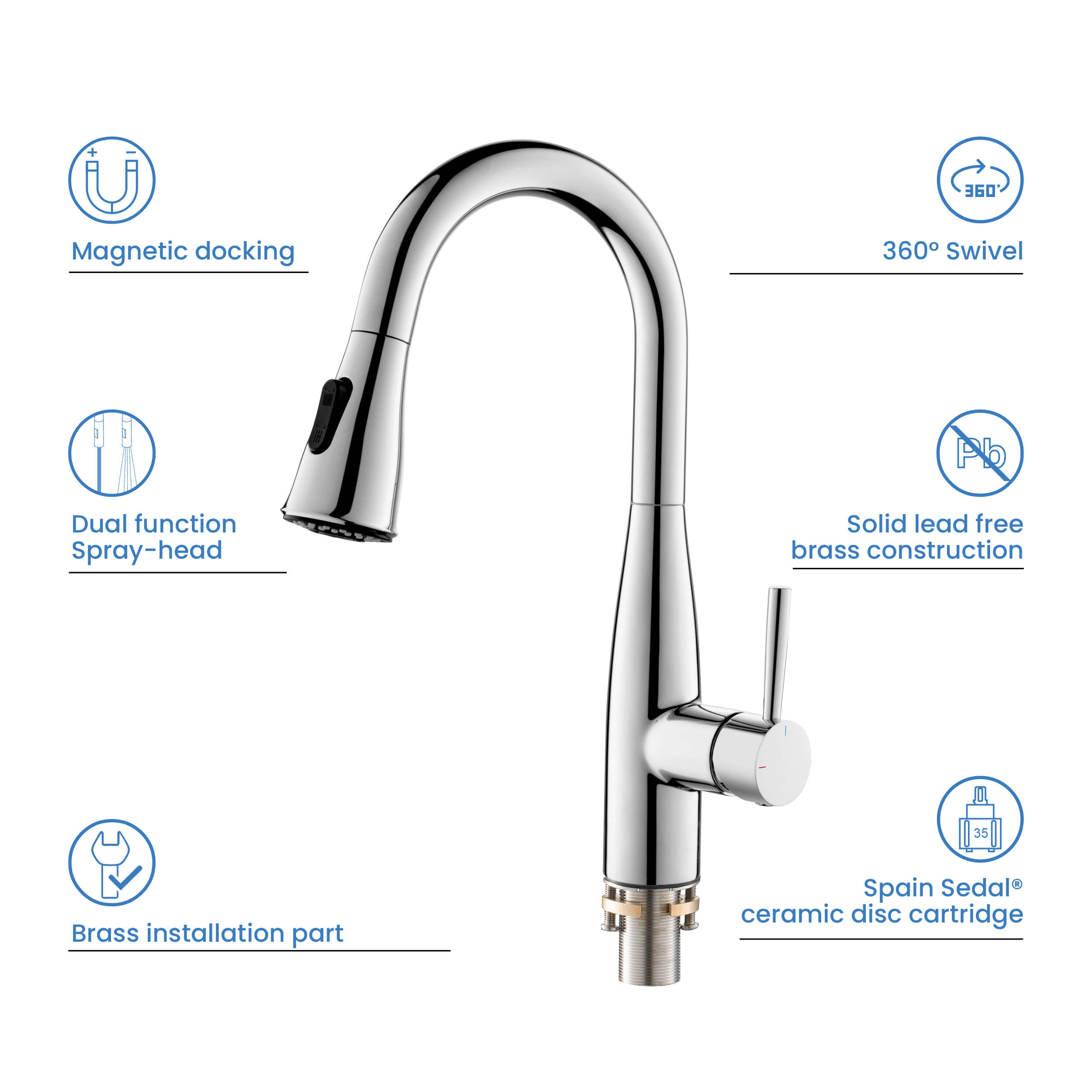 Kibi Bari Single Handle Pull Down Kitchen Bar Sink Faucet With Soap Dispenser in Chrome Finish - C-KKF2015CH-KSD100CH