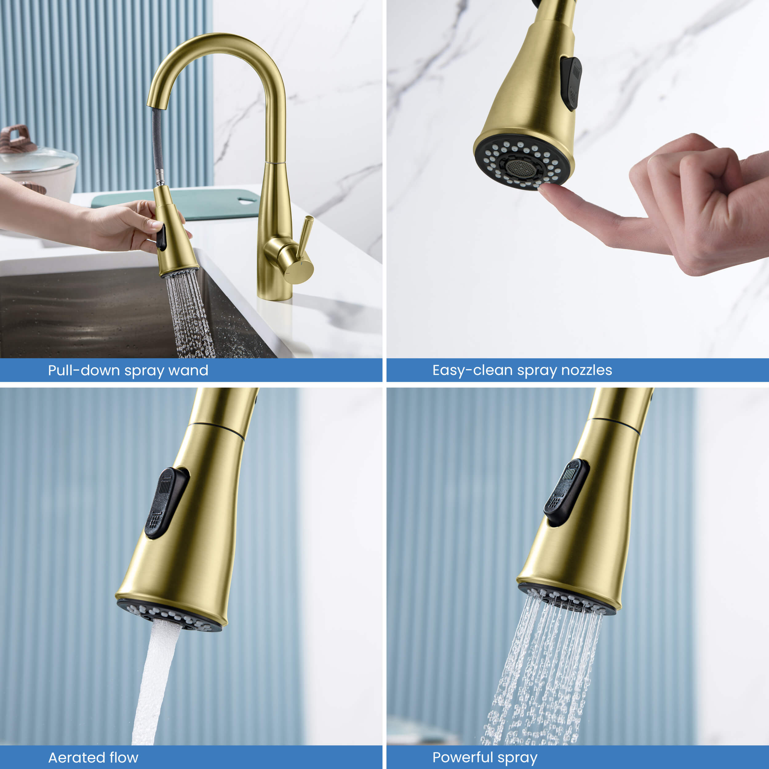 Kibi Bari Single Handle Pull Down Kitchen and Bar Sink Faucet With Soap Dispenser in Brushed Gold Finish - C-KKF2015BG-KSD100BG