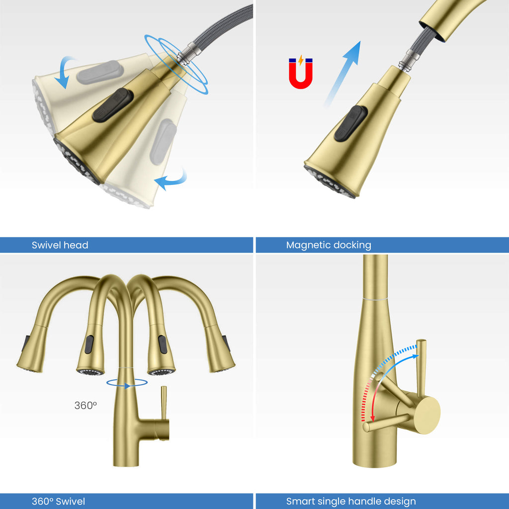Kibi Bari Single Handle Pull Down Kitchen and Bar Sink Faucet in Brushed Gold Finish - KKF2015BG