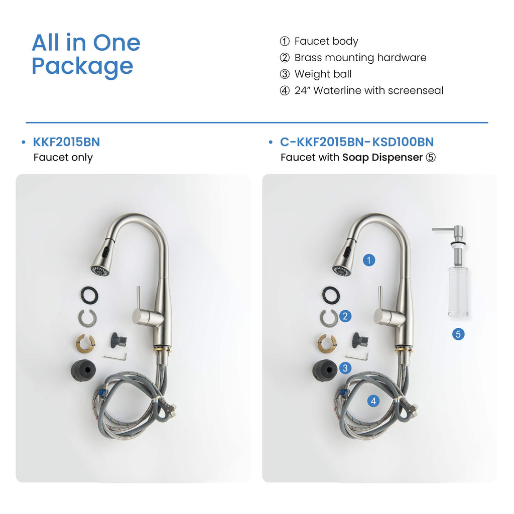 Kibi Bari Single Handle Pull Down Kitchen and Bar Sink Faucet in Brushed Nickel Finish - KKF2015BN