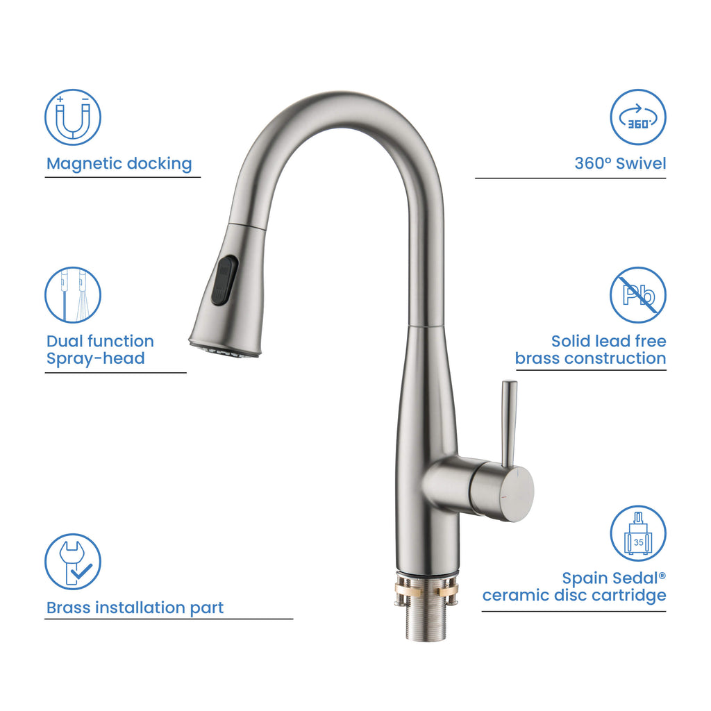 Kibi Bari Single Handle Pull Down Kitchen and Bar Sink Faucet in Brushed Nickel Finish - KKF2015BN
