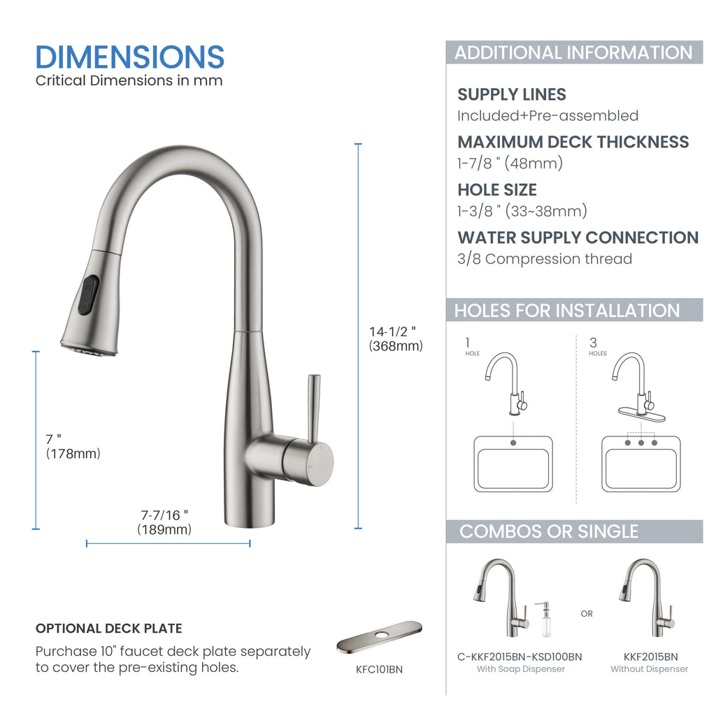 Kibi Bari Single Handle Pull Down Kitchen and Bar Sink Faucet in Brushed Nickel Finish - KKF2015BN