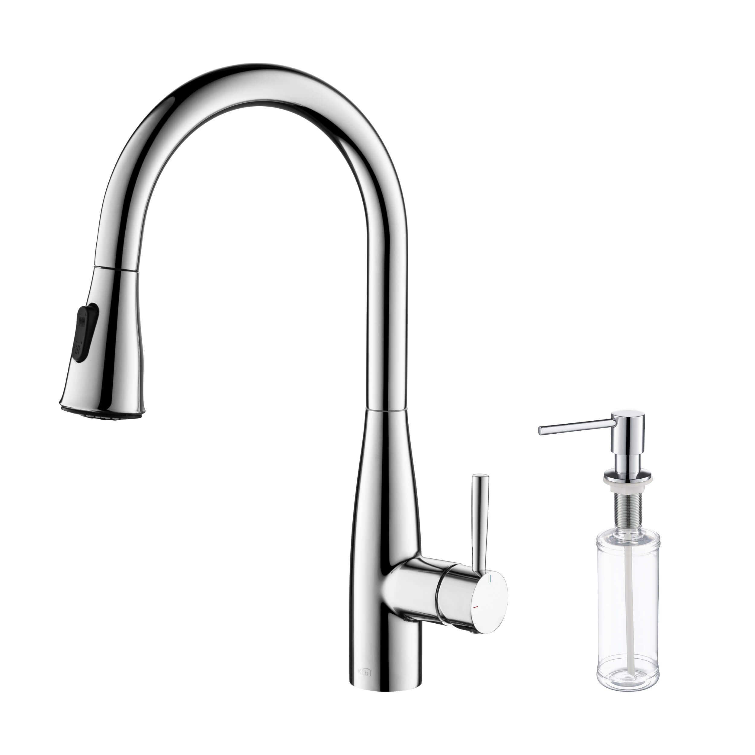 Kibi Bari-T Single Handle Pull Down Kitchen Sink Faucet With Soap Dispenser in Chrome Finish - C-KKF2016CH-KSD100CH