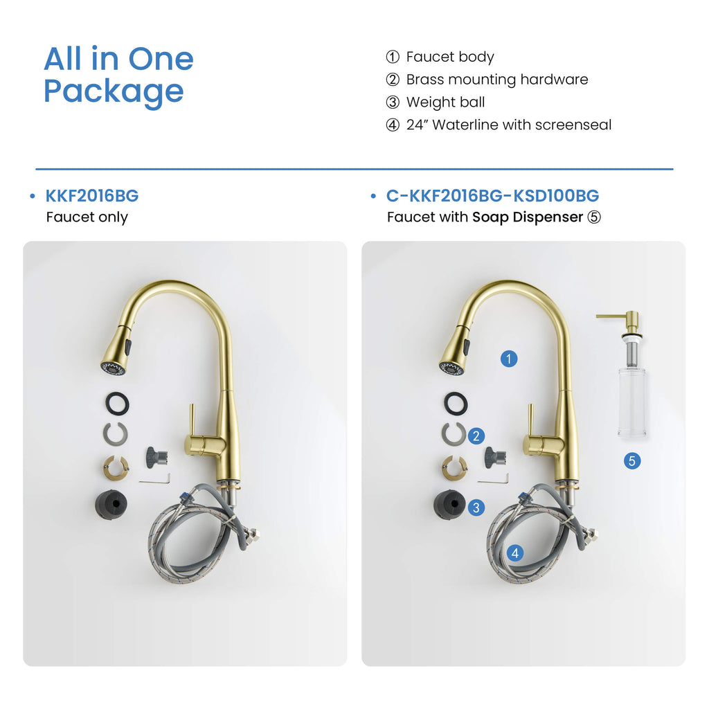 Kibi Bari-T Single Handle Pull Down Kitchen Sink Faucet in Brushed Gold Finish - KKF2016BG